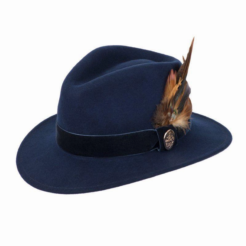 Clearance Blowout Hicks & Brown Chelsworth Coque & Pheasant Fedora - Navy