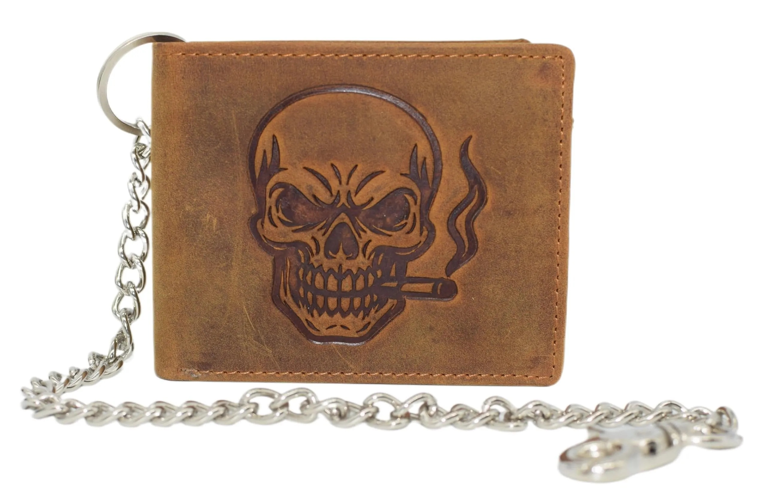 Marshal Genuine Leather Smoking Skull Chain Wallet For Men  Rfid Blocking Bifold Biker Wallet With Cigarette Skull Debossed Design Save More Online Today Only Hot Sale