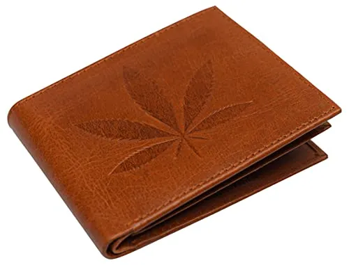 Trending Deals Today MustShop Sale Genuine Leather Men'S Marijuana Leaf Logo Rfid Blocking Bifold Wallet
