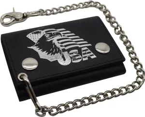 Todays Special Savings Rfid Blocking Men'S Tri-Fold Biker Cowhide Genuine Leather Steel Chain Eagle Usa Wallet Snap Closure