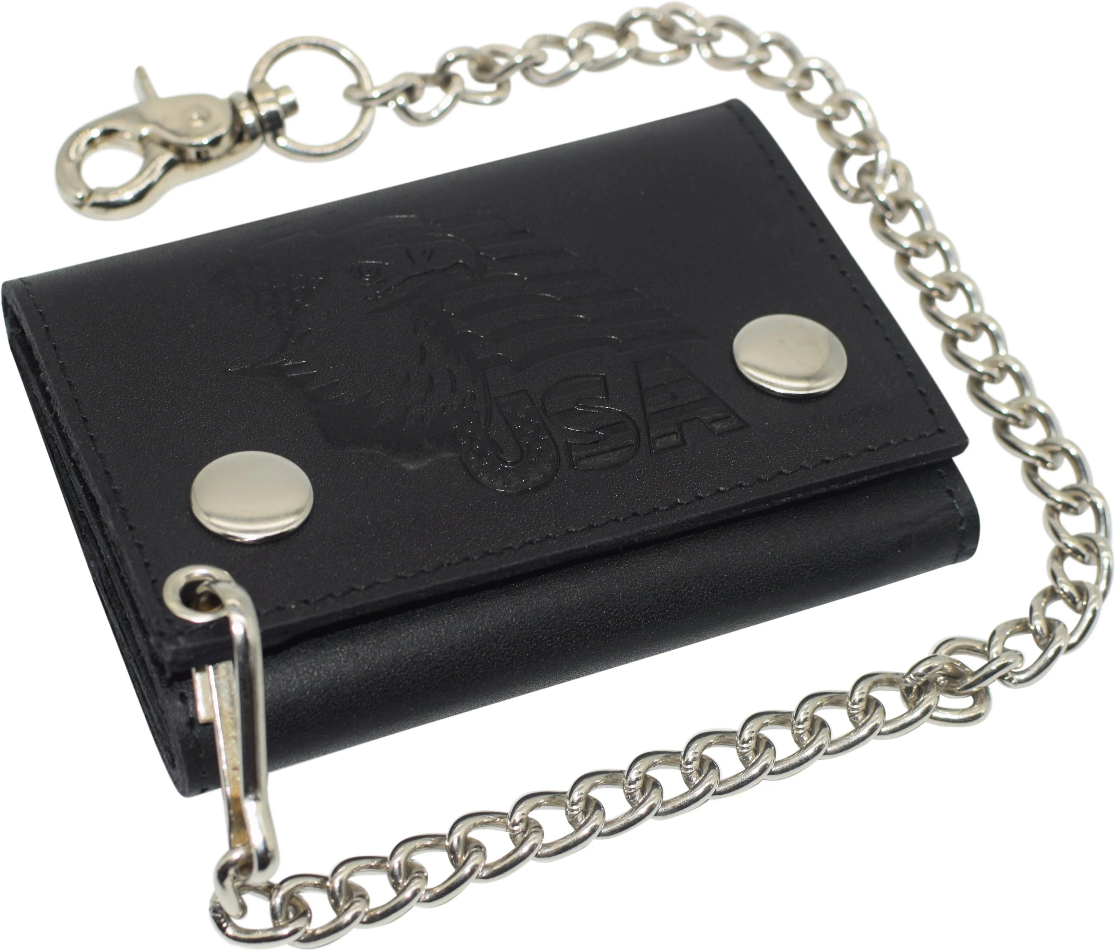 Big Hot Sale Rfid Blocking Men'S Tri-Fold Biker Cowhide Genuine Leather Steel Chain Eagle Usa Wallet Snap Closure