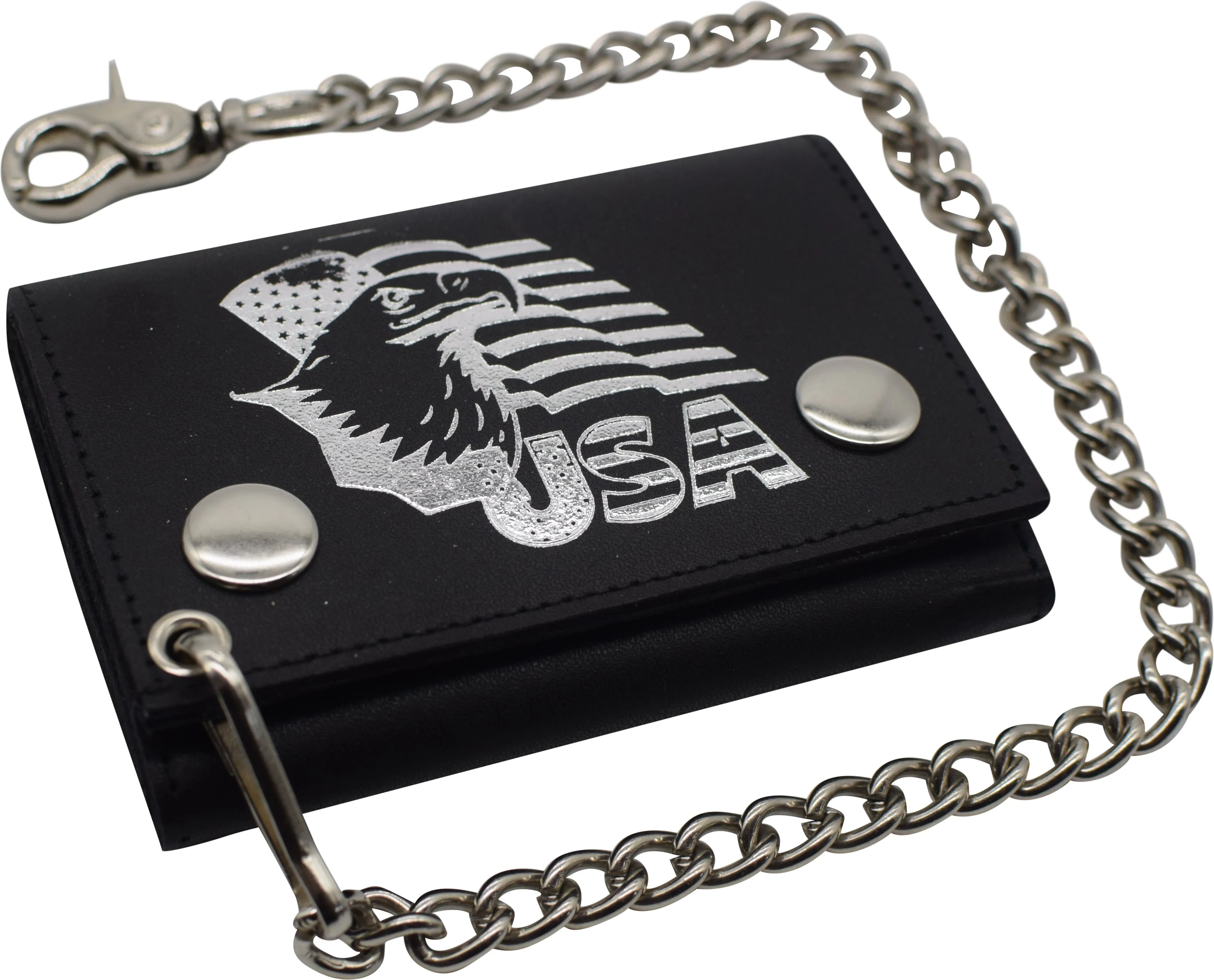 Todays Special Savings Rfid Blocking Men'S Tri-Fold Biker Cowhide Genuine Leather Steel Chain Eagle Usa Wallet Snap Closure