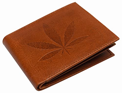 Trending Deals Today MustShop Sale Genuine Leather Men'S Marijuana Leaf Logo Rfid Blocking Bifold Wallet