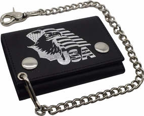 Todays Special Savings Rfid Blocking Men'S Tri-Fold Biker Cowhide Genuine Leather Steel Chain Eagle Usa Wallet Snap Closure