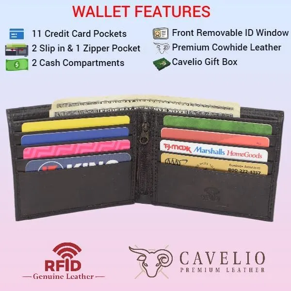 Daily Hot Deal Real Leather Front Removable Id Card Holder Bifold Rfid Blocking Wallet For Men With Gift Box (Black)