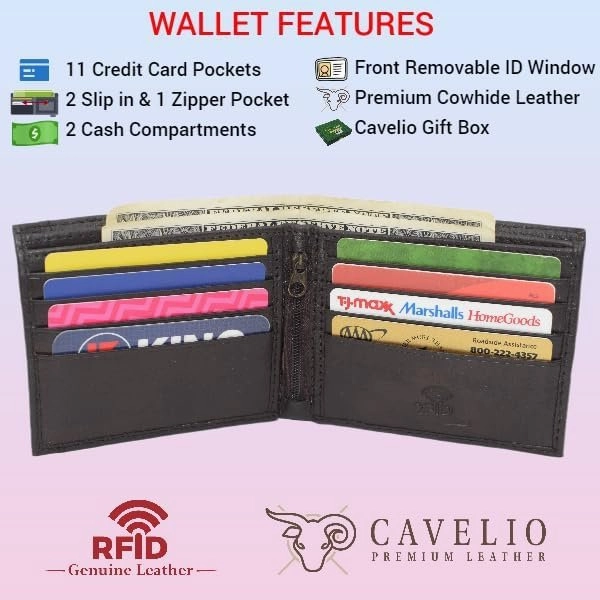 Daily Hot Deal Real Leather Front Removable Id Card Holder Bifold Rfid Blocking Wallet For Men With Gift Box (Black)