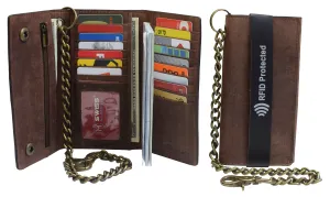 Grab Your Hot Pick Rfid Blocking Men'S Biker Vintage Brown Genuine Leather Long Tri-Fold Chain Wallet