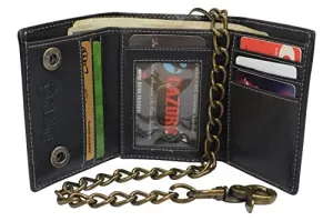 MustHave Deal Rfid Blocking Men'S Tri-Fold Vintage Biker Vintage Buffalo Leather Steel Chain Wallet Snap Closure
