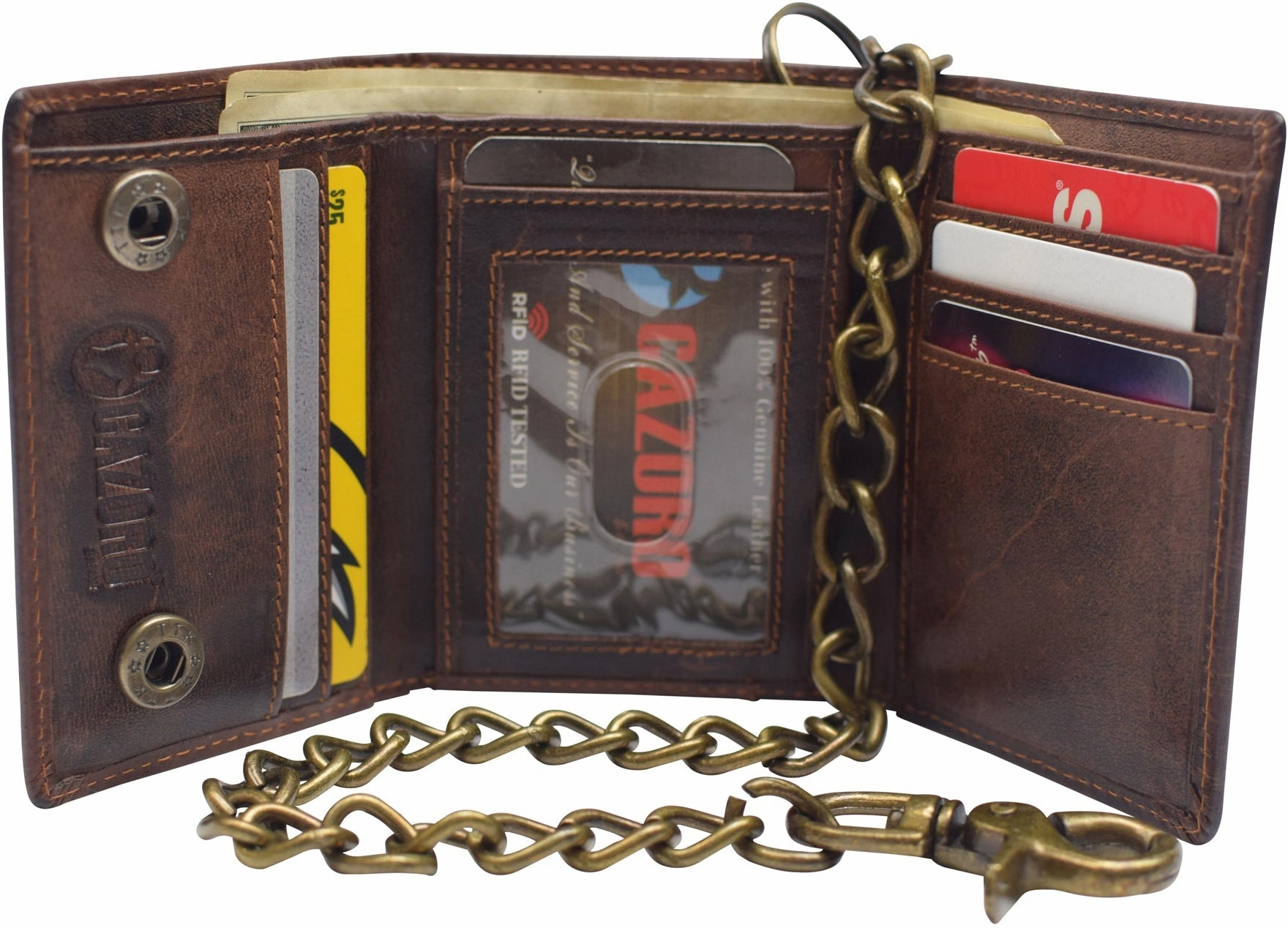 Trending Hot Deal Rfid Blocking Men'S Tri-Fold Vintage Biker Vintage Buffalo Leather Steel Chain Wallet Snap Closure