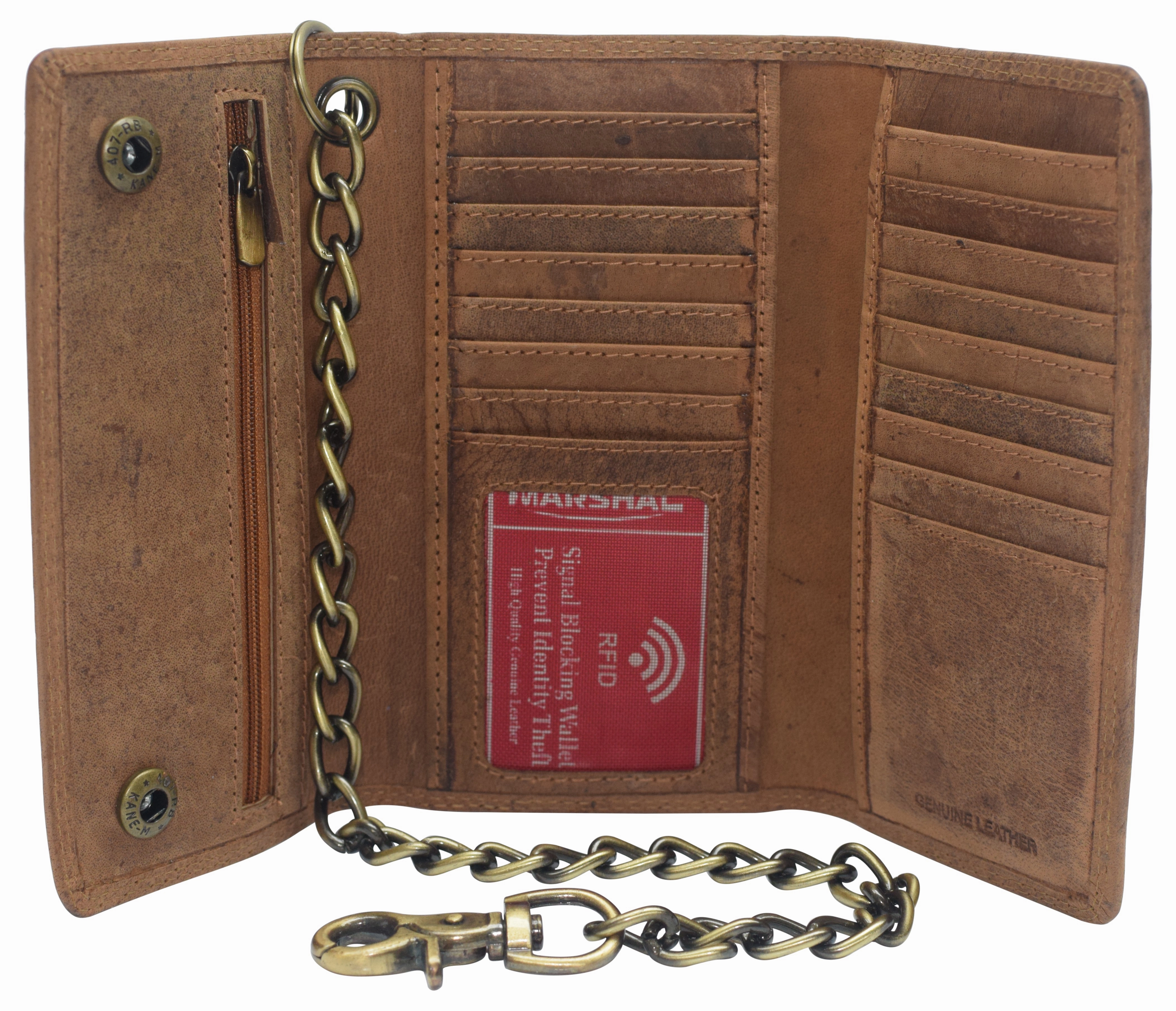 Limited Stock Hot Deal Rfid Blocking Men'S Tri-Fold Vintage Long Style Cow Leather With Chain Card Holder Wallet