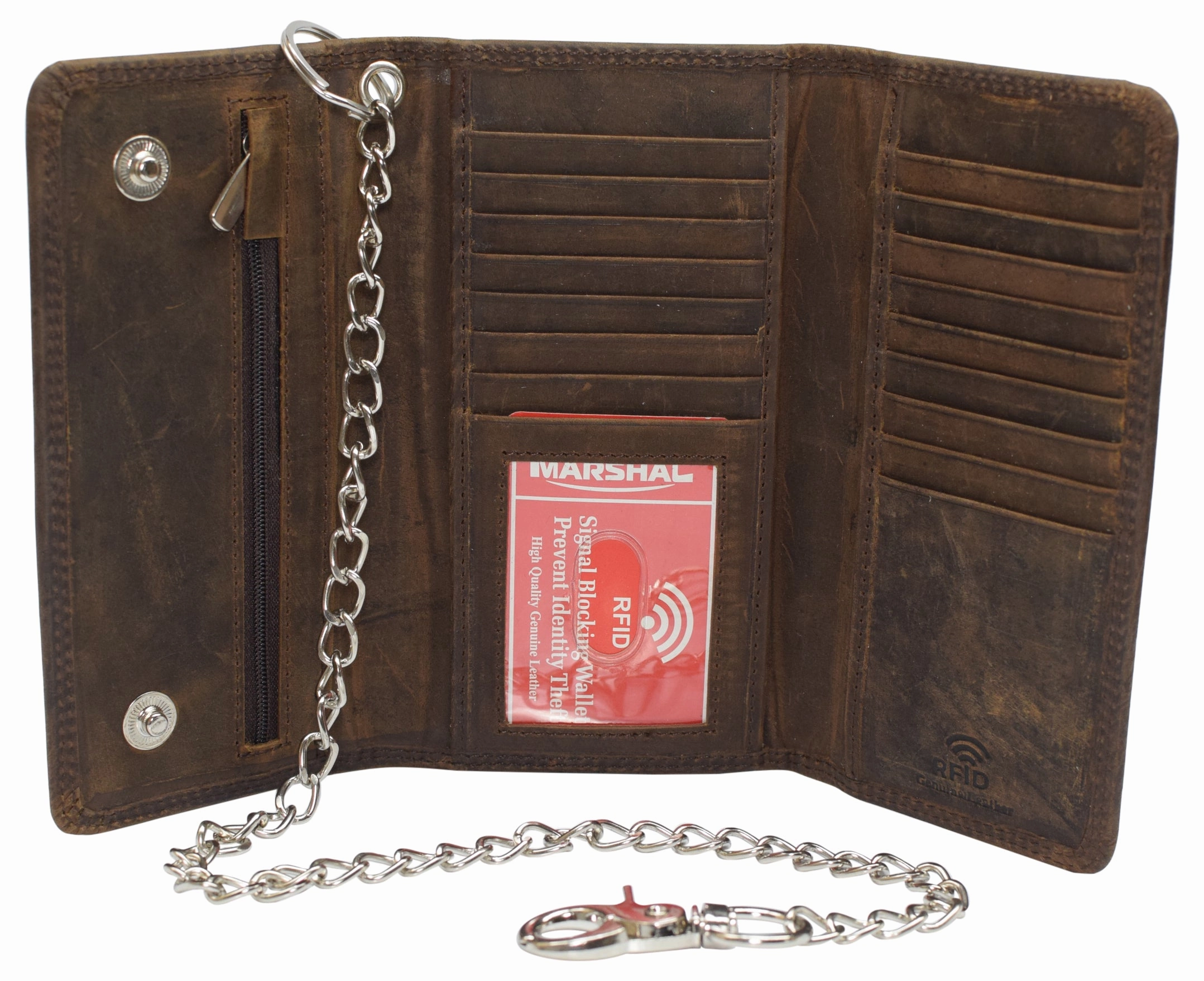 Flash Deal Today Rfid Blocking Men'S Tri-Fold Vintage Long Style Cow Leather With Chain Card Holder Wallet