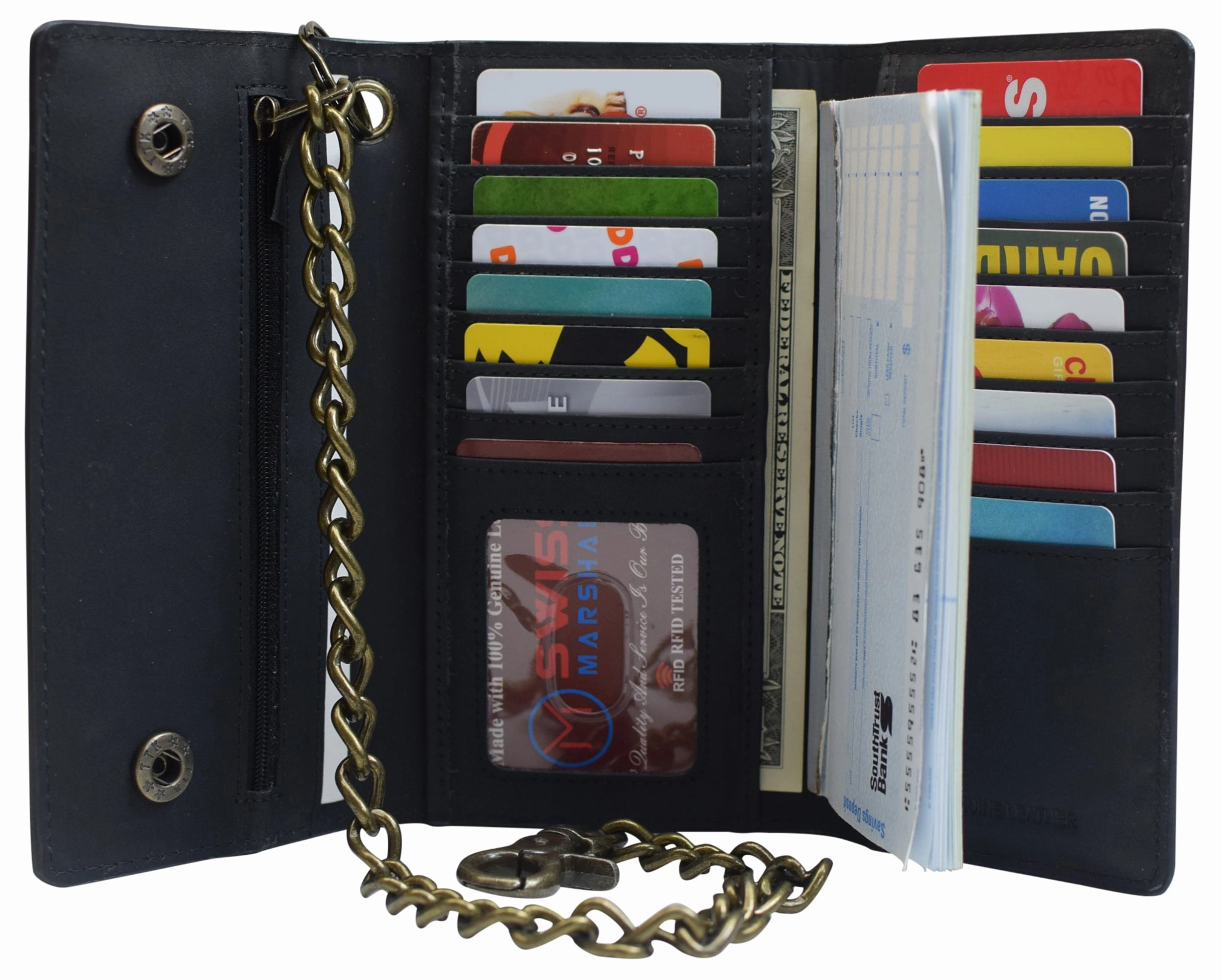 Shop Hot Picks Rfid Blocking Men'S Tri-Fold Vintage Long Style Cow Leather With Chain Card Holder Wallet
