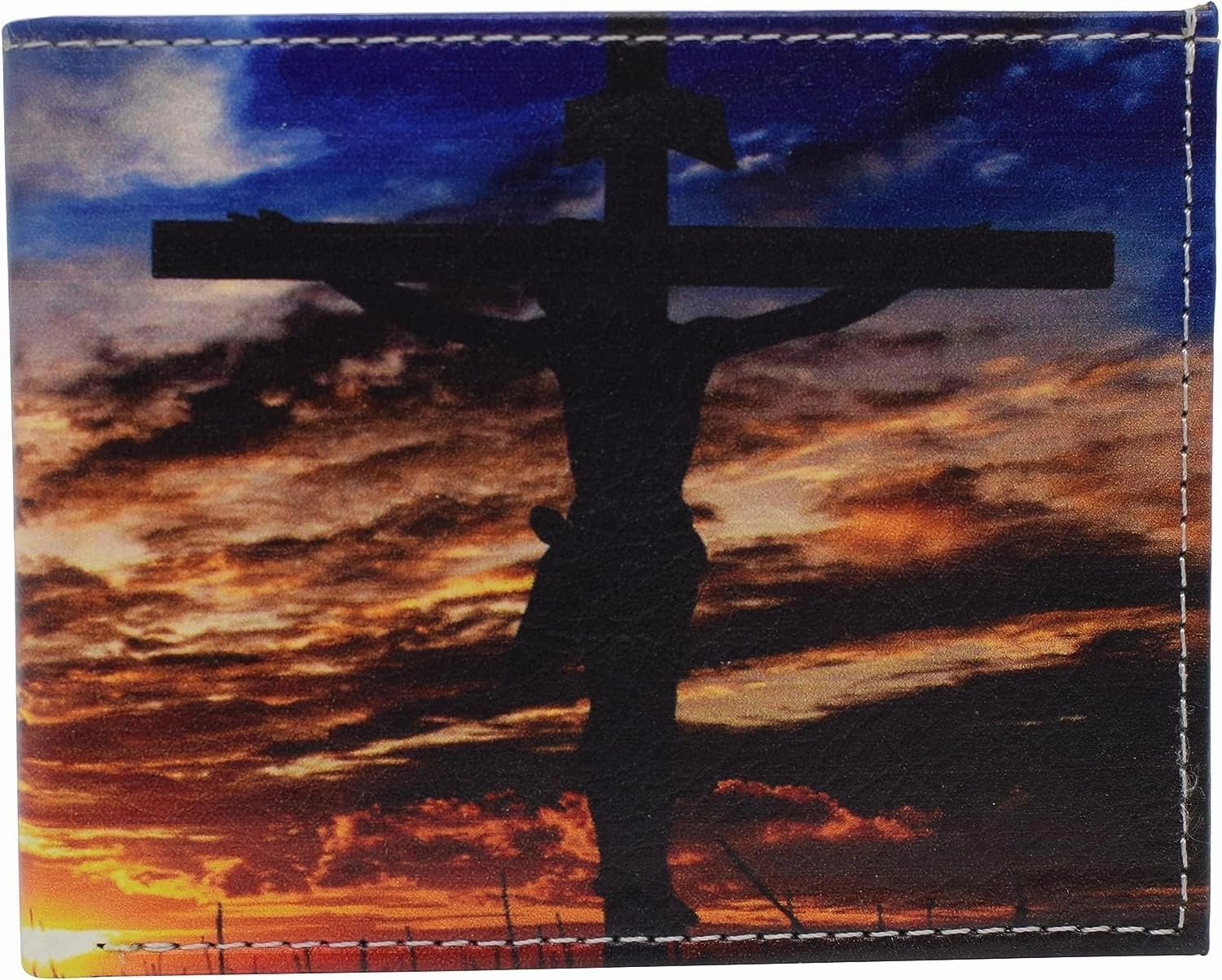 Surprise Offer Now Rfid Blocking Printed Jesus Cross Sunset Printed Bifold Genuine Leather Wallet With Gift Box