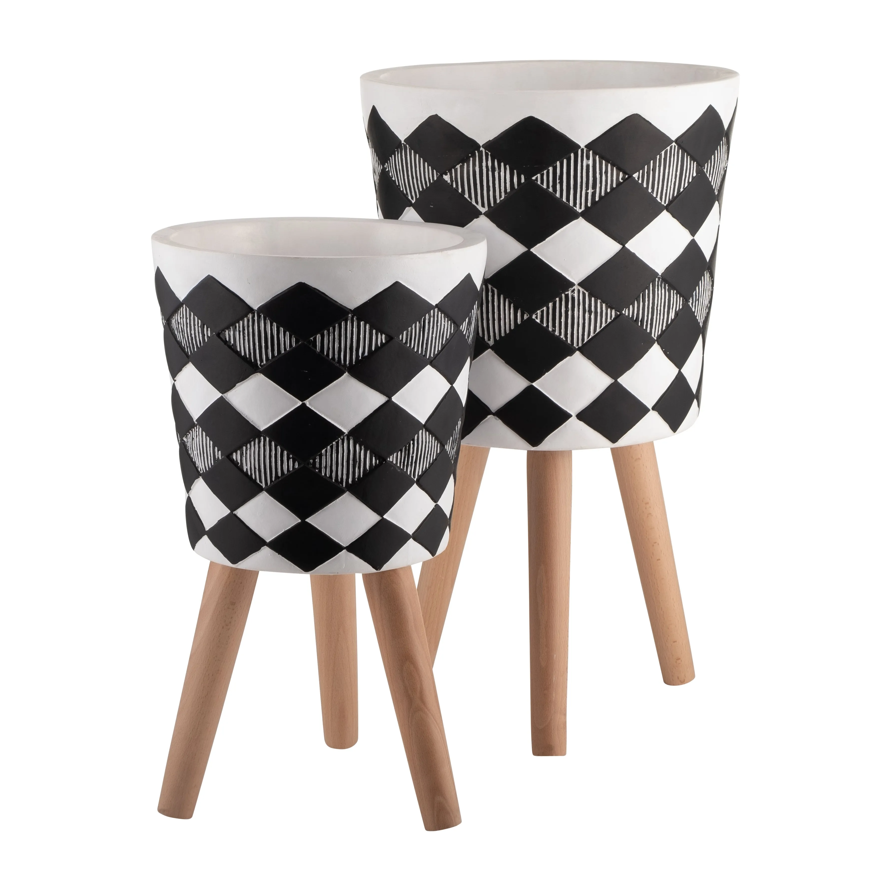 S/2 10/12" Diamond Planter W/ Wood Legs, Black(Kd)