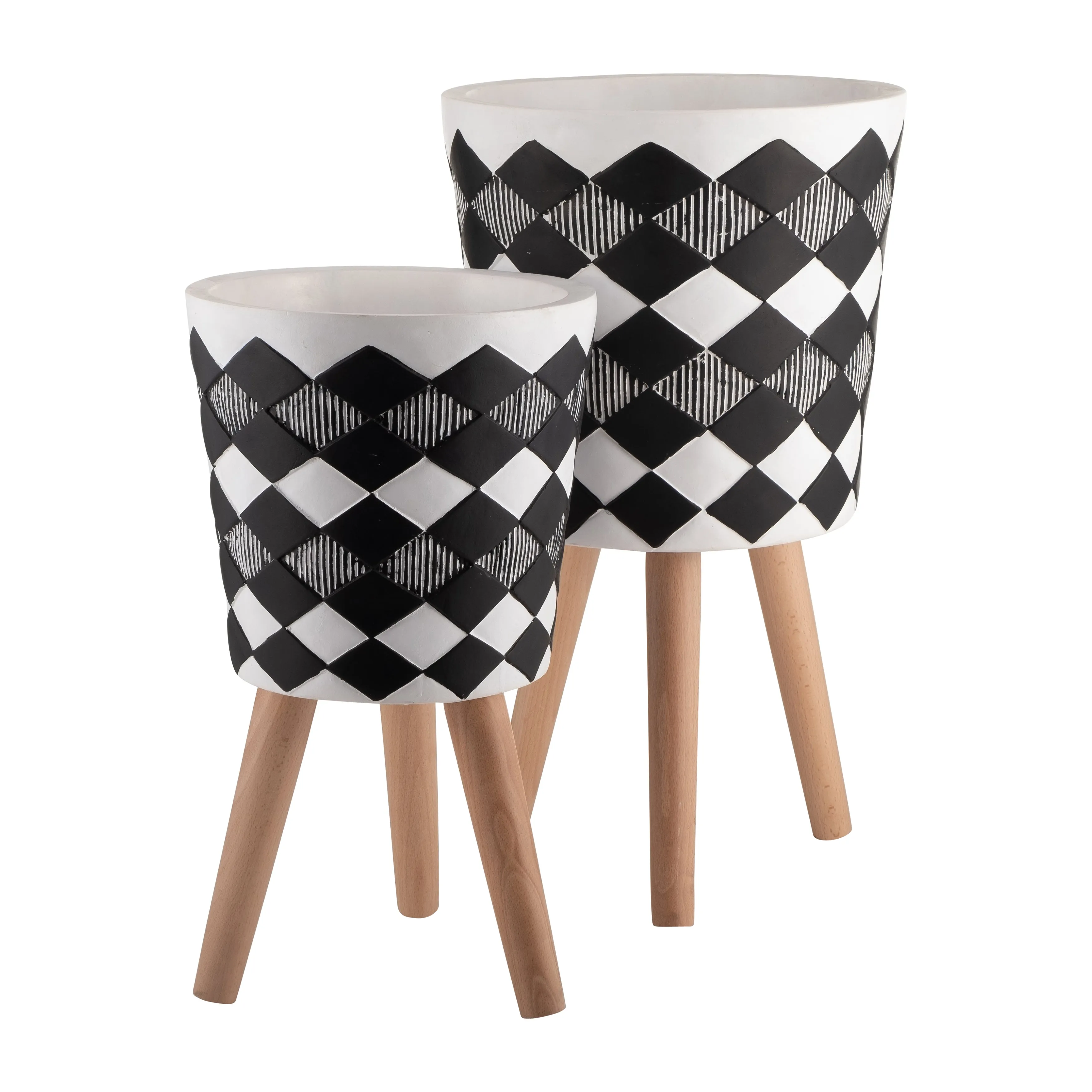 S/2 10/12" Diamond Planter W/ Wood Legs, Black(Kd)