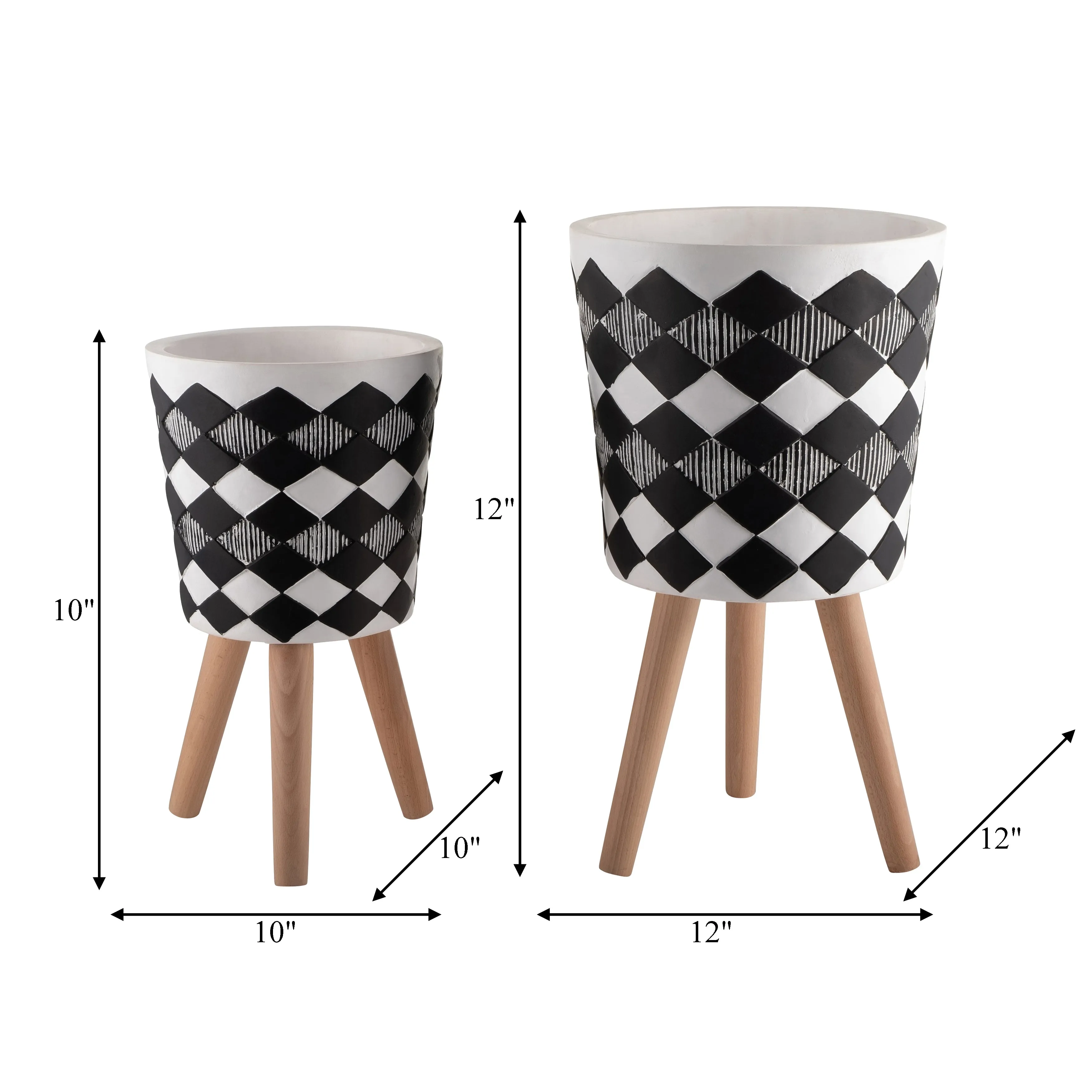 S/2 10/12" Diamond Planter W/ Wood Legs, Black(Kd)