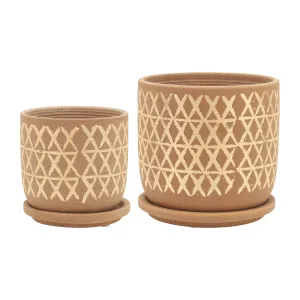 S/2 5/6" CROSS PLANTER W/ SAUCER, TAN