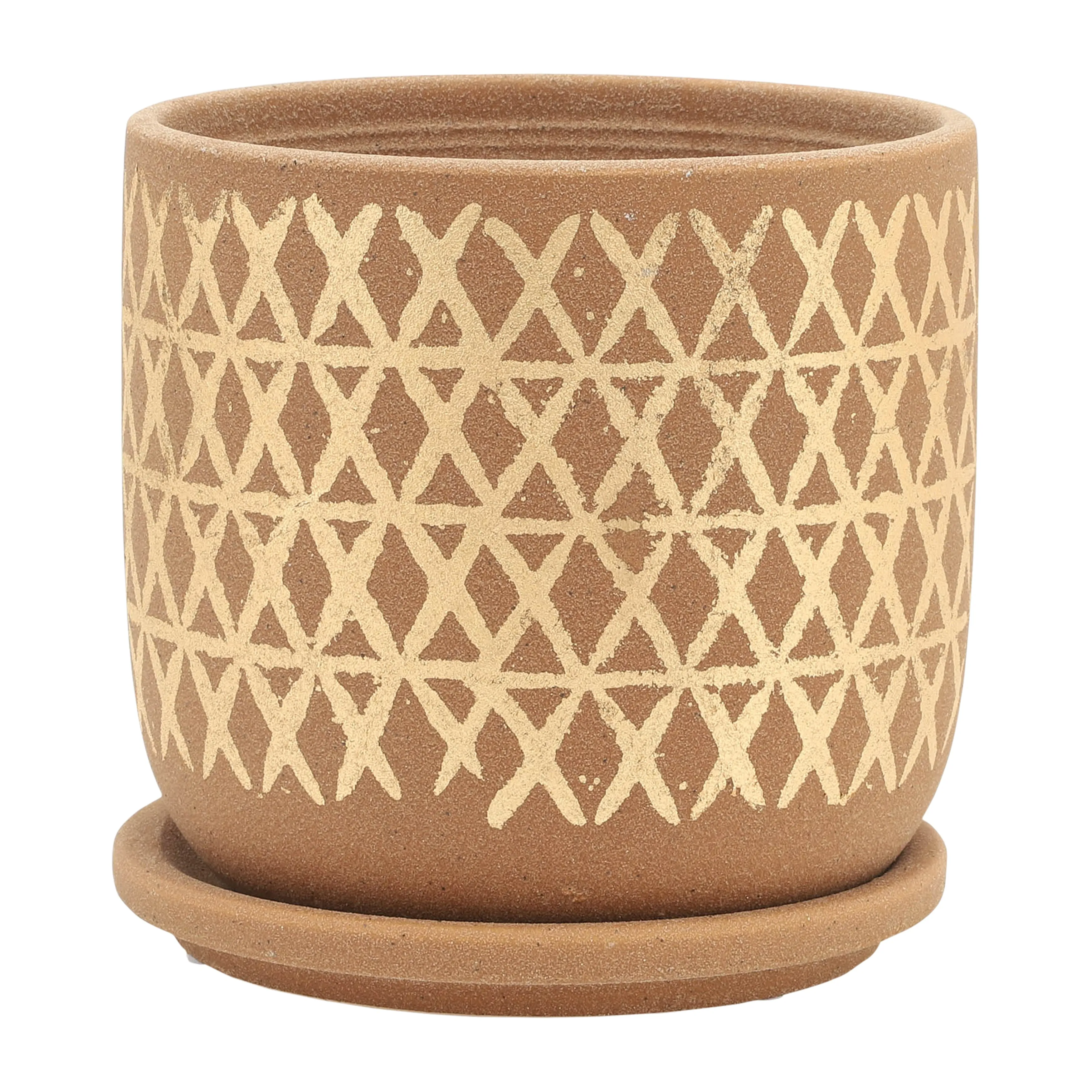 S/2 5/6" CROSS PLANTER W/ SAUCER, TAN