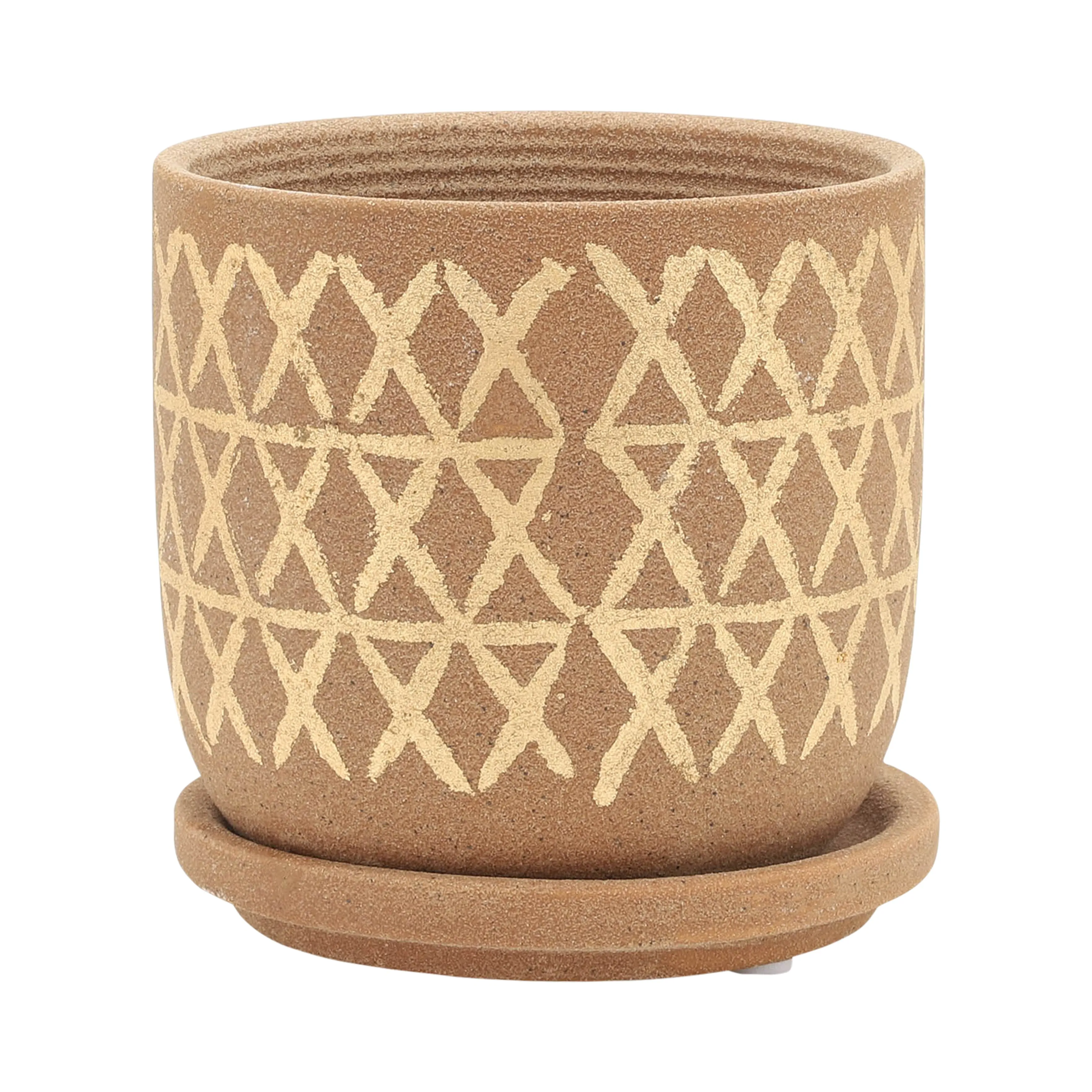 S/2 5/6" CROSS PLANTER W/ SAUCER, TAN