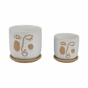S/2 5/6" FUNKY FACE PLANTER W/ SAUCER, BEIGE