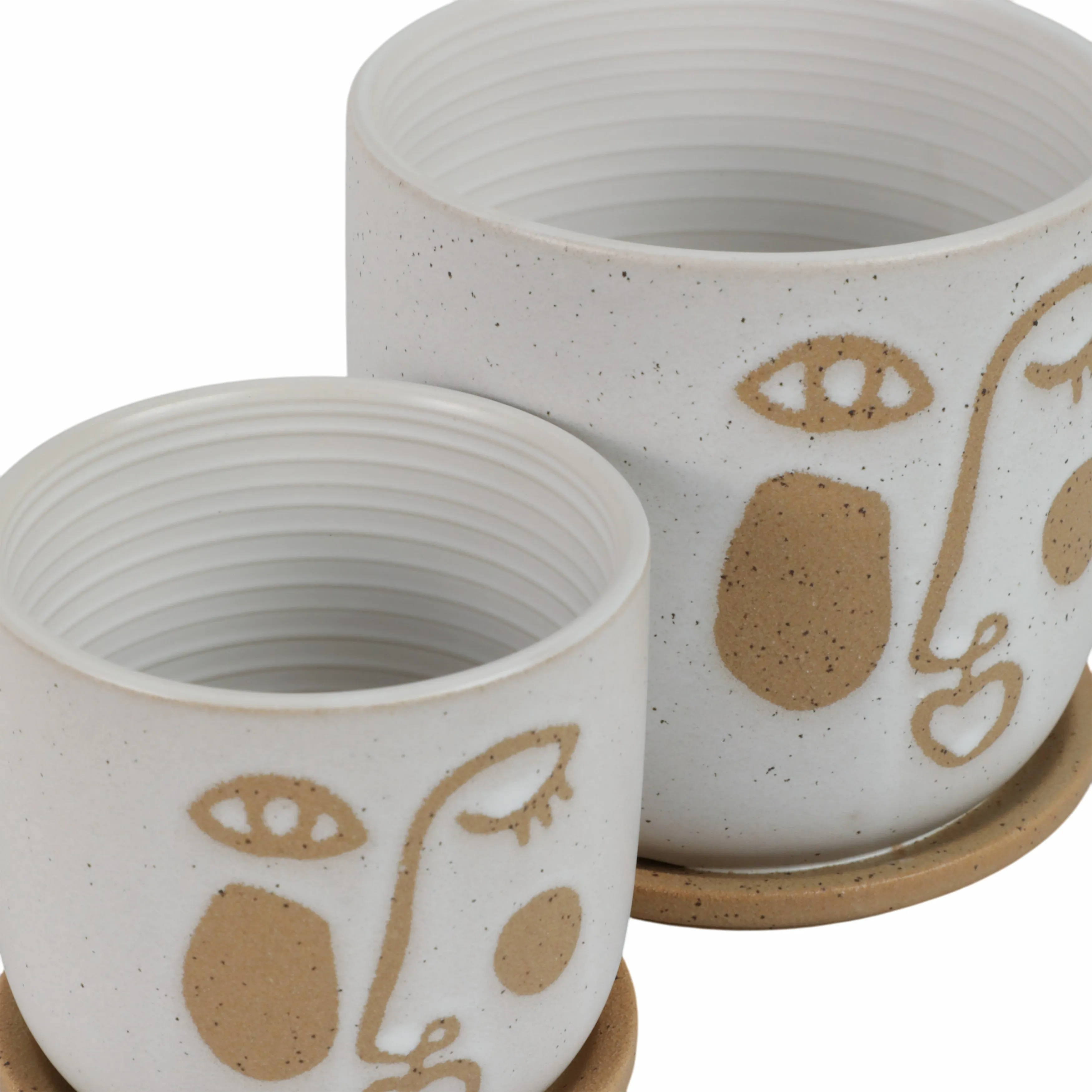 S/2 5/6" FUNKY FACE PLANTER W/ SAUCER, BEIGE