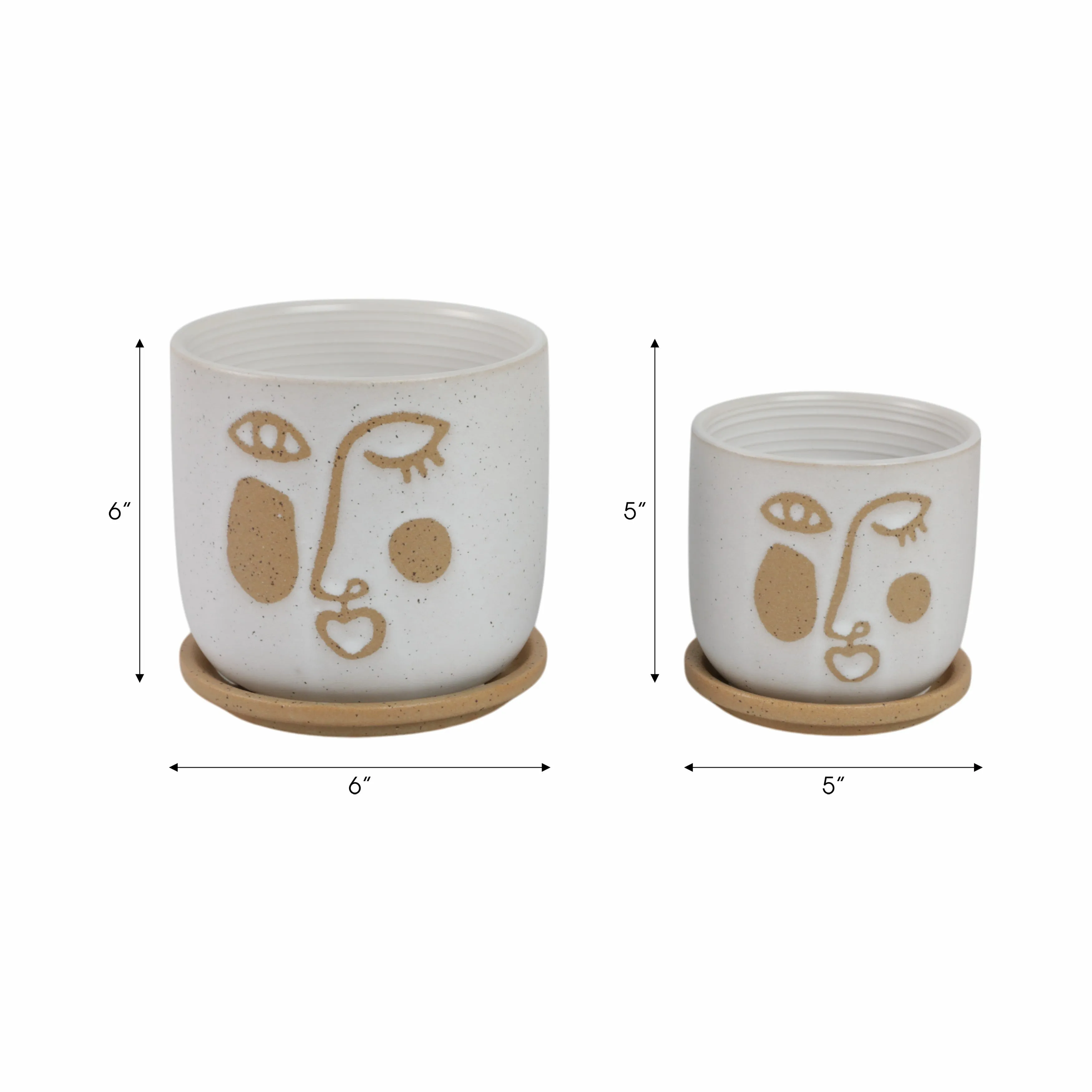 S/2 5/6" FUNKY FACE PLANTER W/ SAUCER, BEIGE