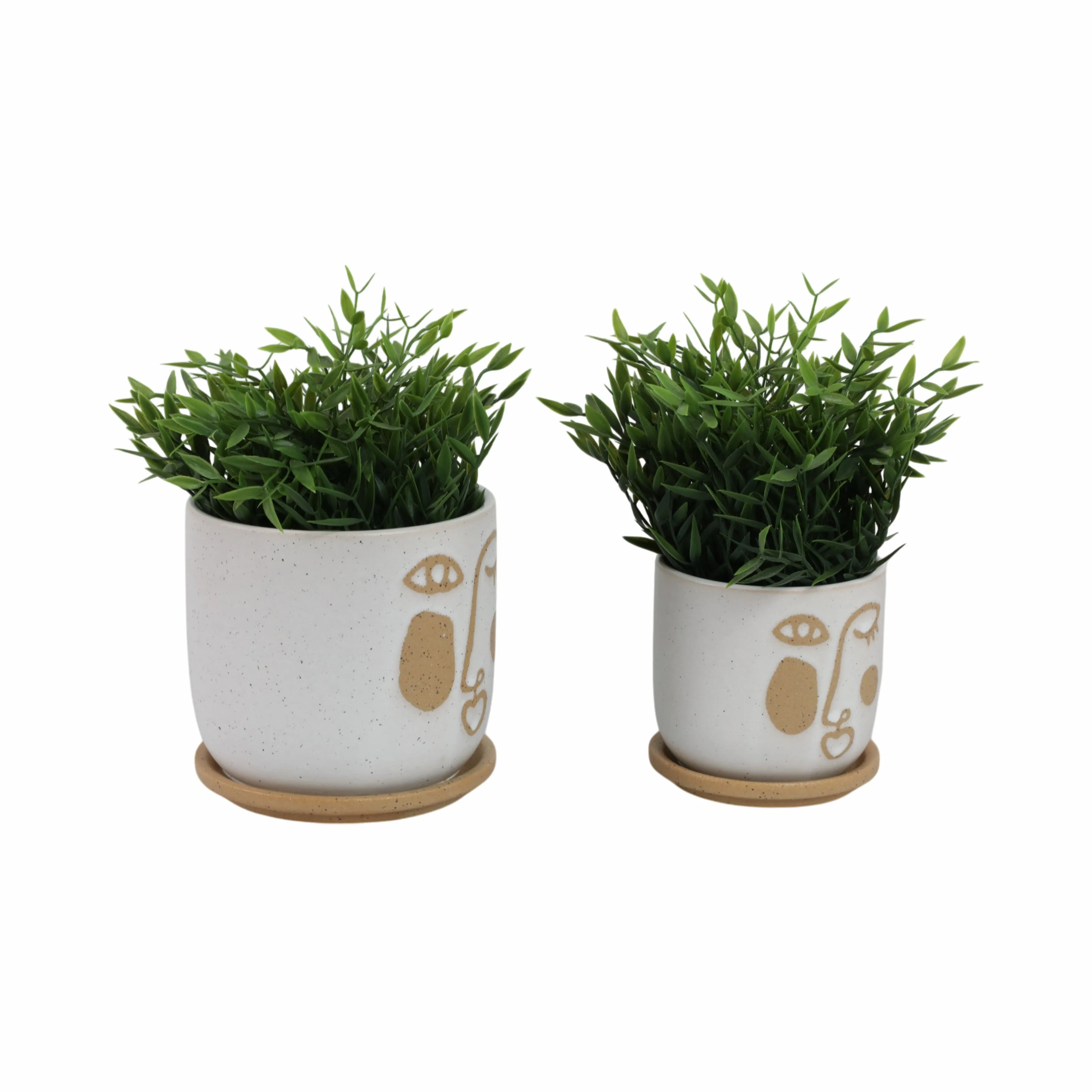 S/2 5/6" FUNKY FACE PLANTER W/ SAUCER, BEIGE