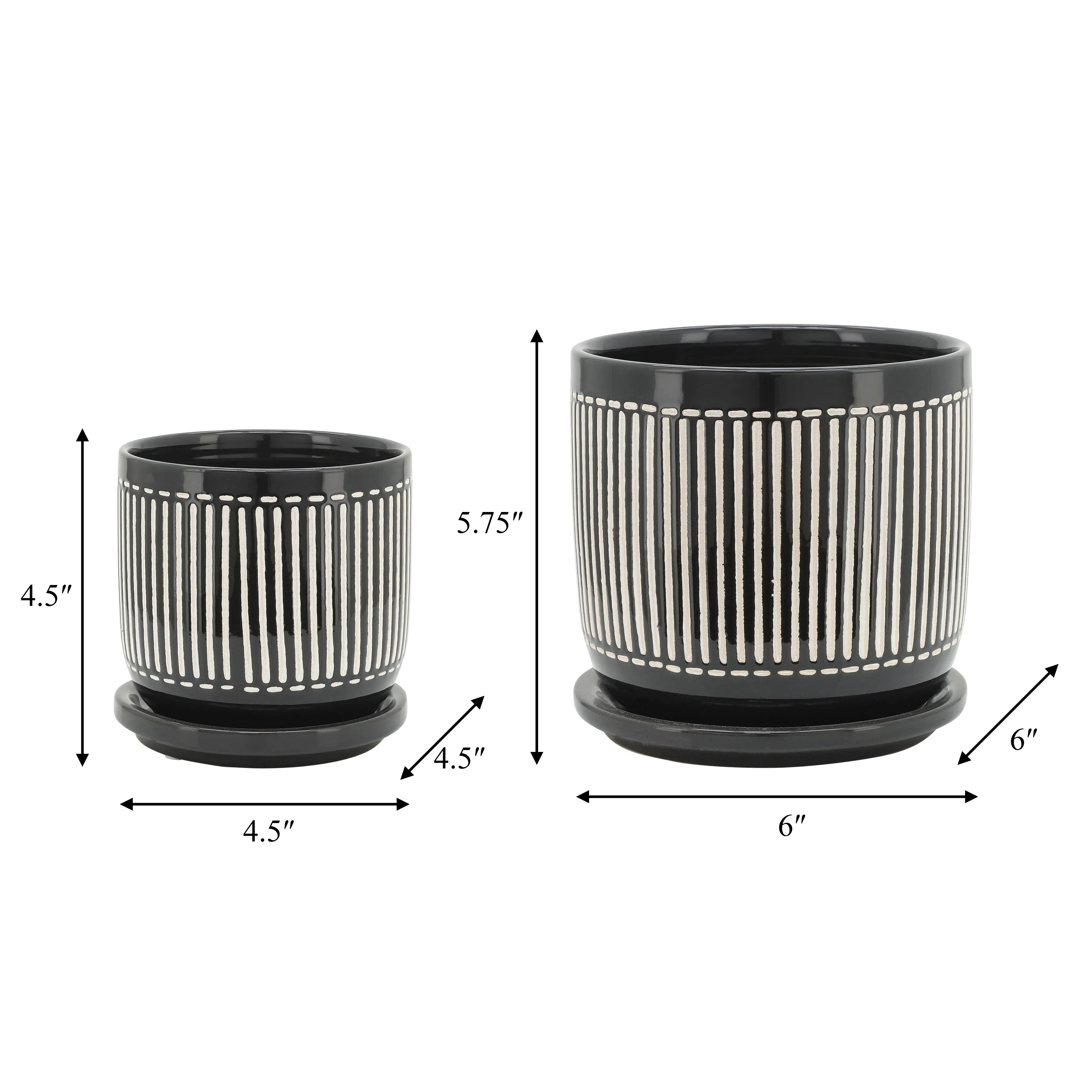 S/2 5/6" VERTICAL LINES PLANTER W/ SAUCER, BLACK