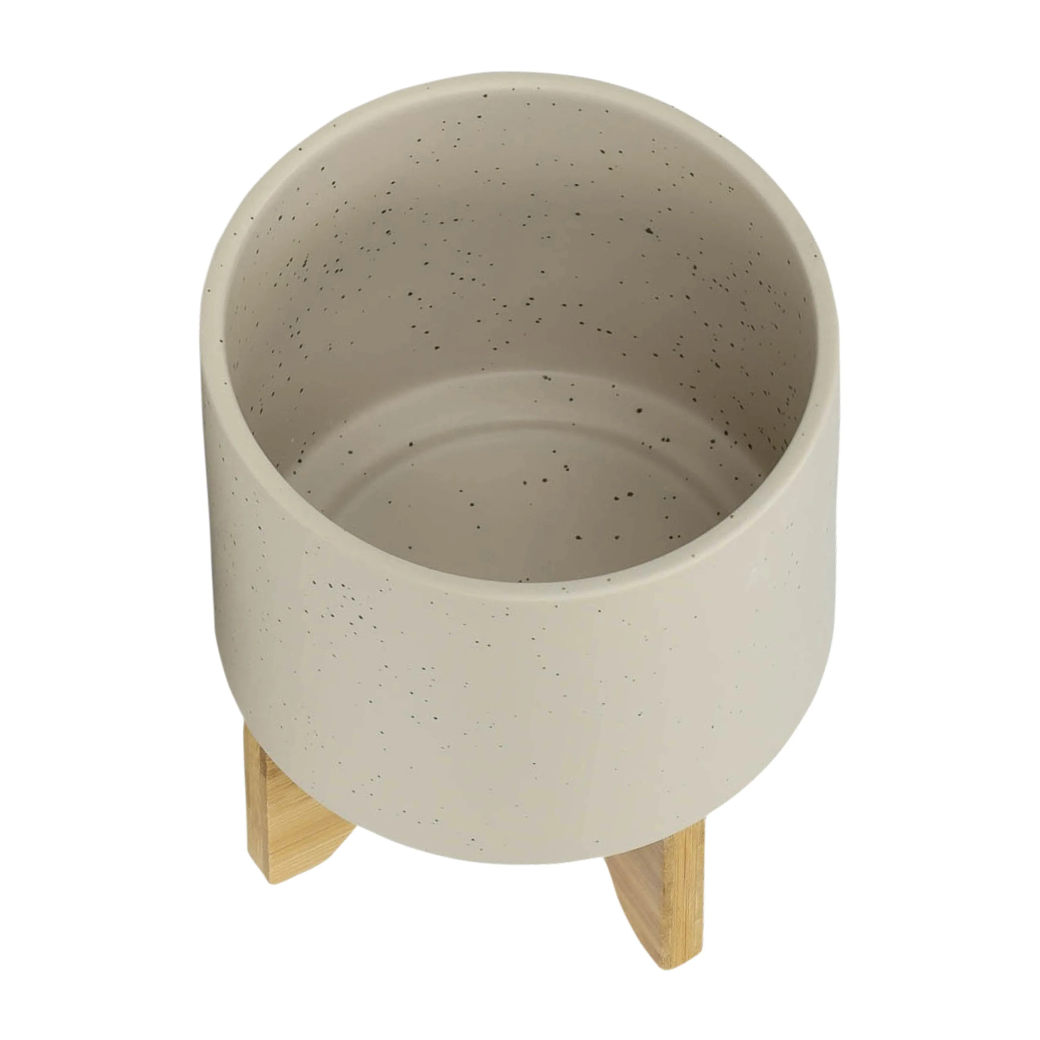 S/2 5/8" PLANTER W/ WOOD STAND, MATTE BEIGE