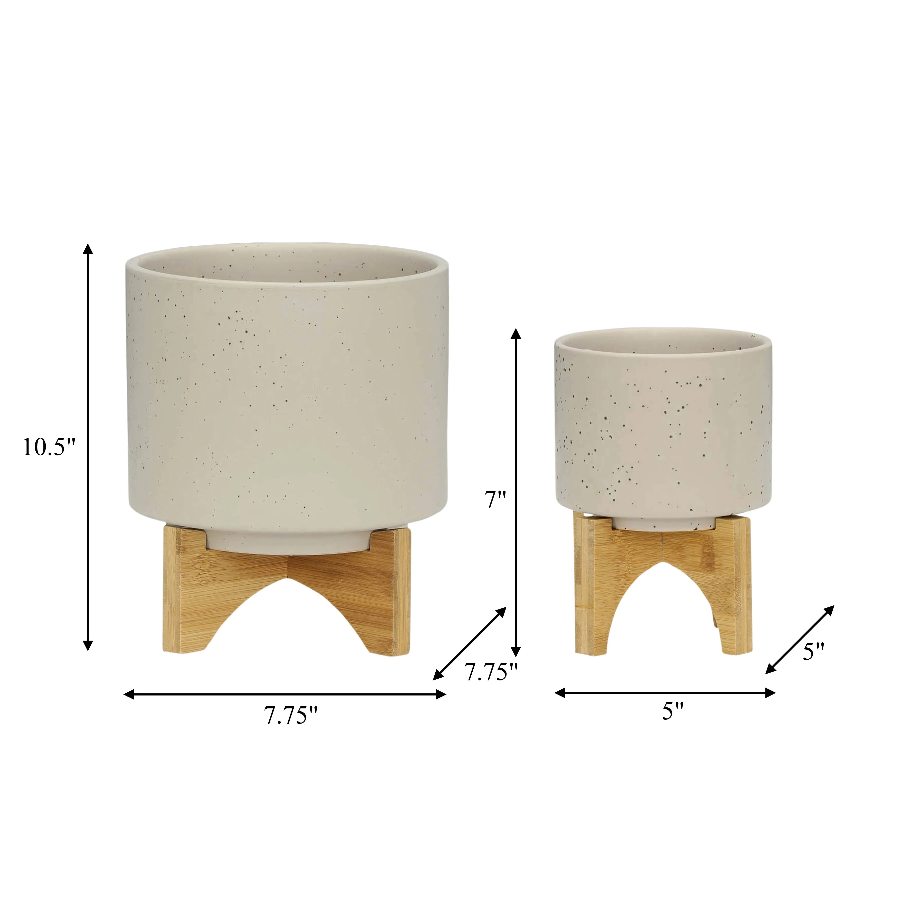 S/2 5/8" PLANTER W/ WOOD STAND, MATTE BEIGE
