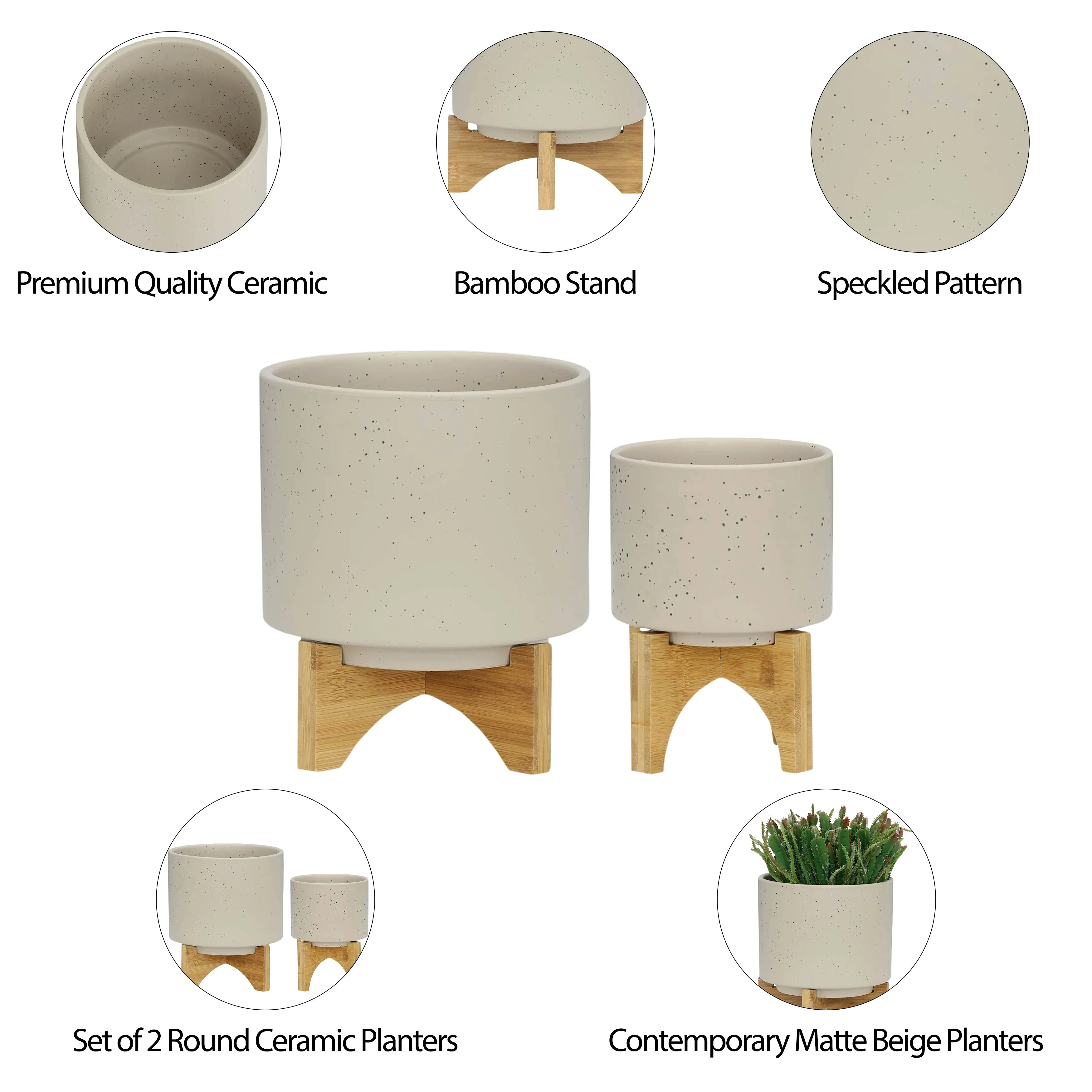 S/2 5/8" PLANTER W/ WOOD STAND, MATTE BEIGE