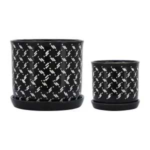 S/2 6/8" DOTS PLANTER W/ SAUCER, BLACK