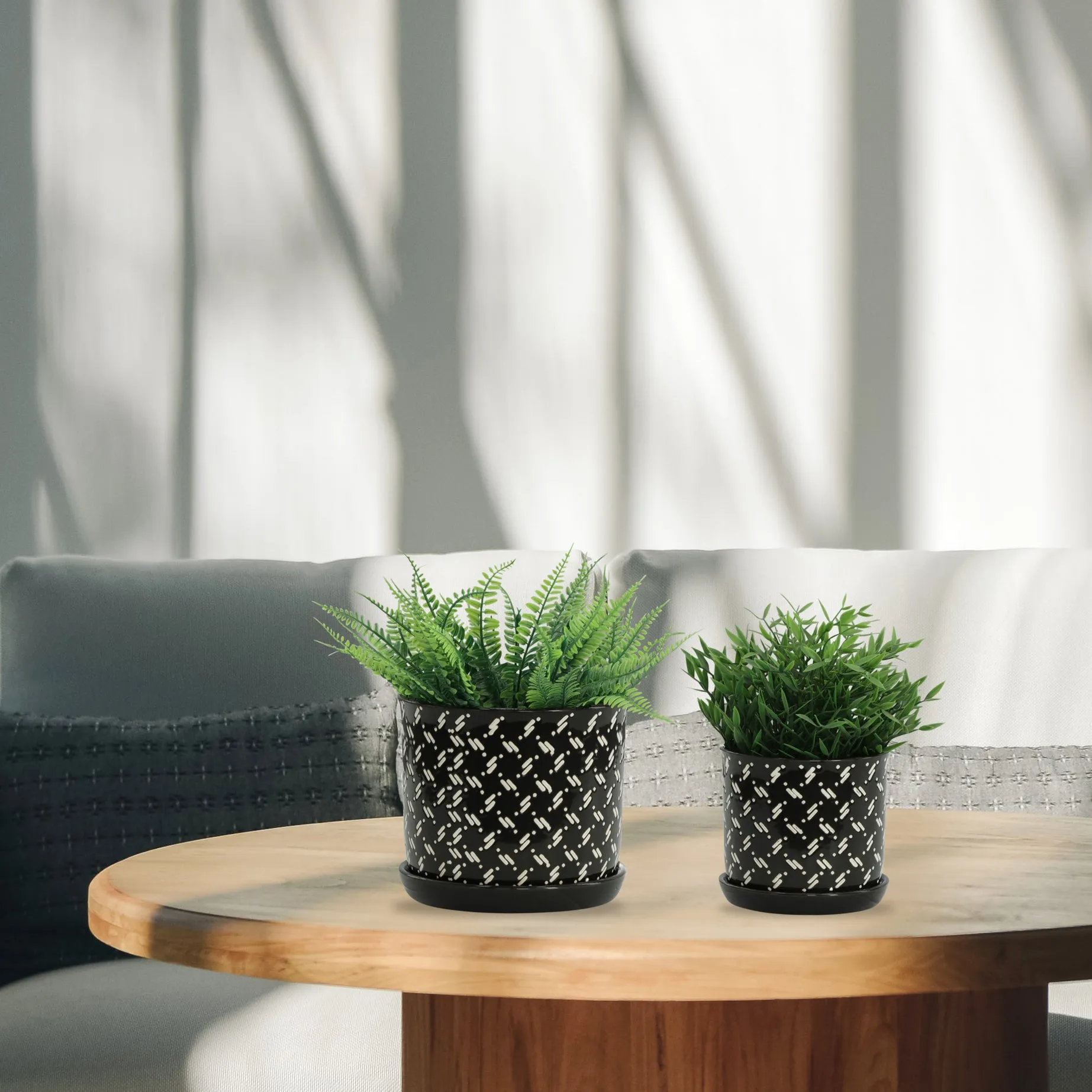 S/2 6/8" DOTS PLANTER W/ SAUCER, BLACK