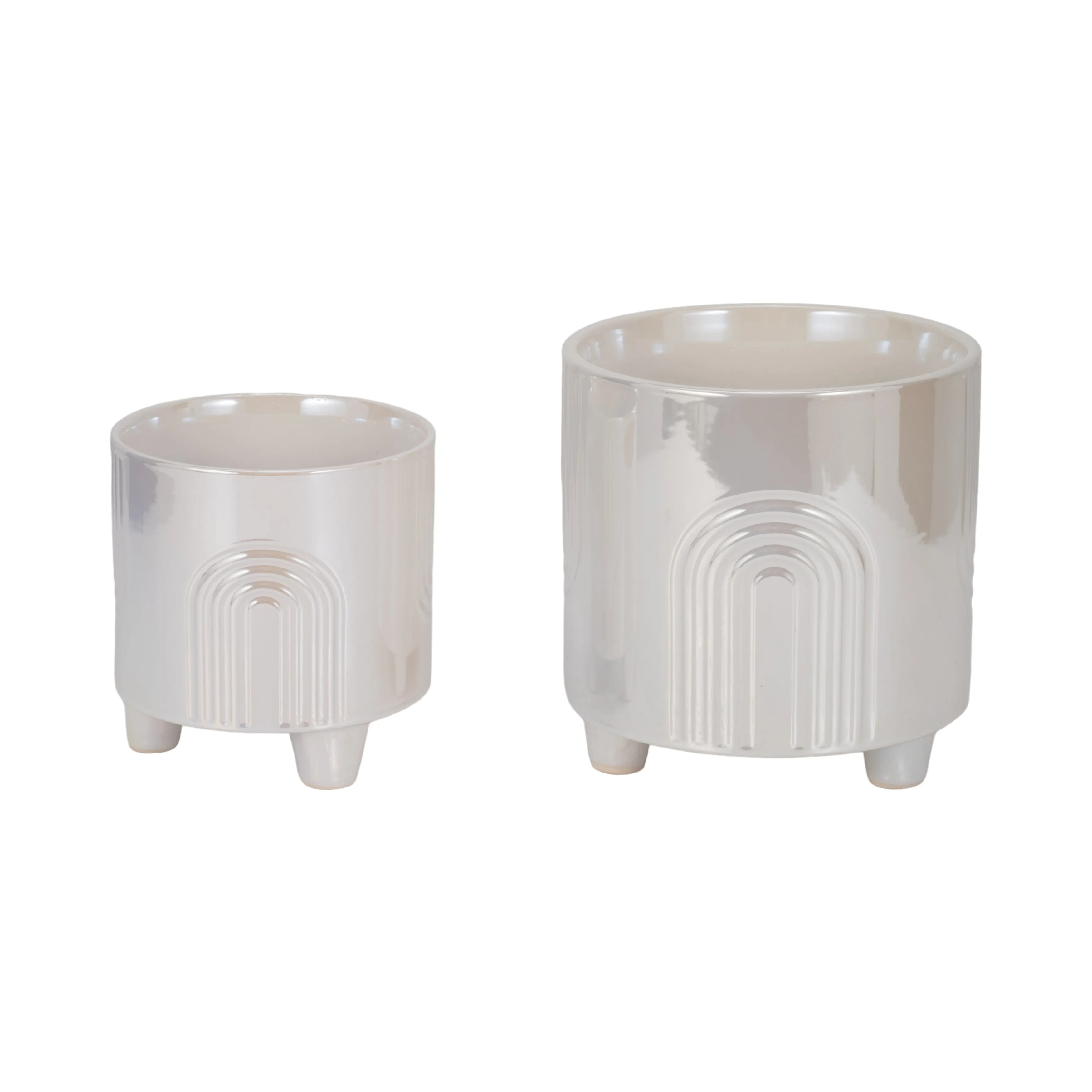 S/2 6/8" Iridescent Bravais Footed Planters, Ivory
