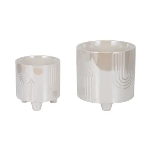 S/2 6/8" Iridescent Bravais Footed Planters, Ivory