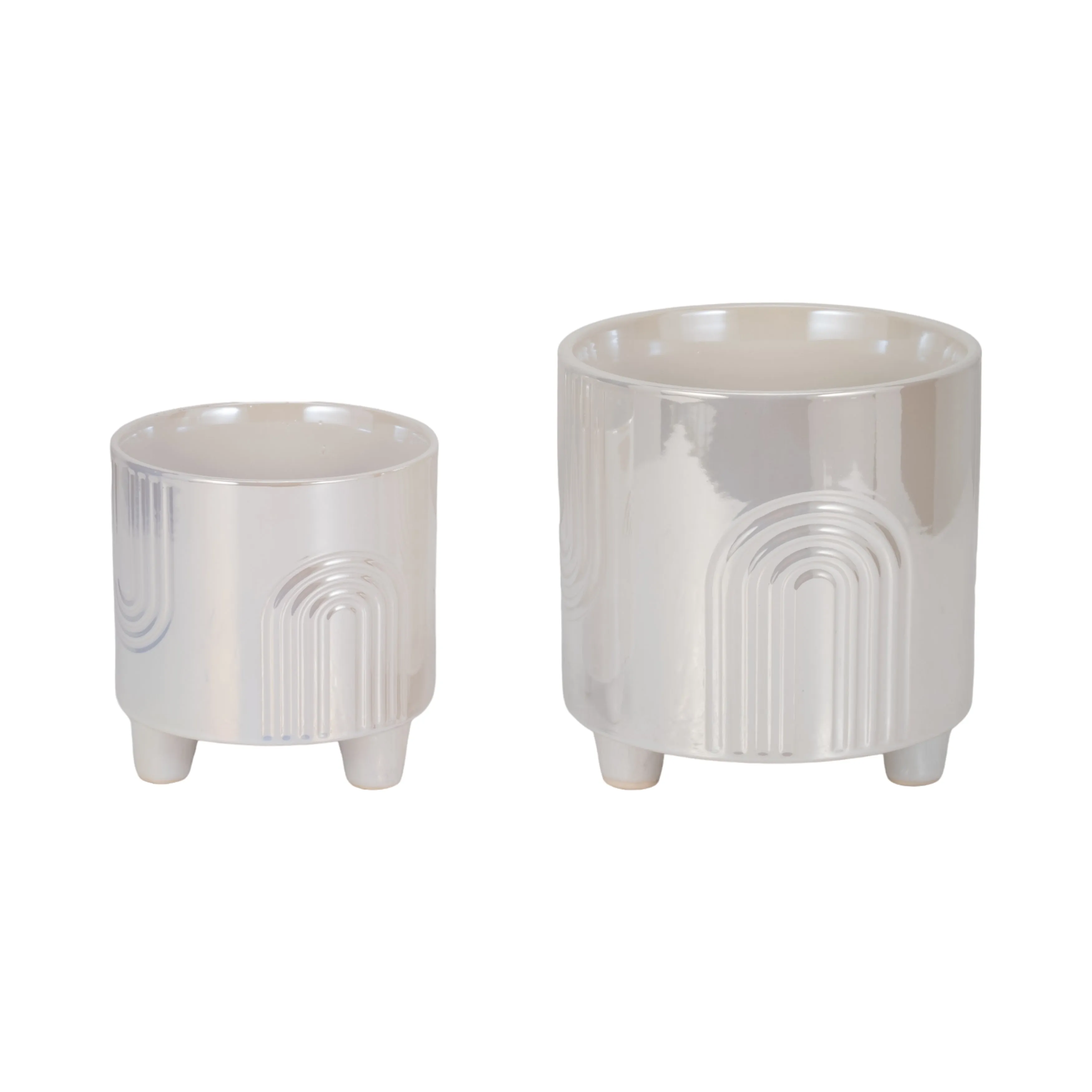 S/2 6/8" Iridescent Bravais Footed Planters, Ivory