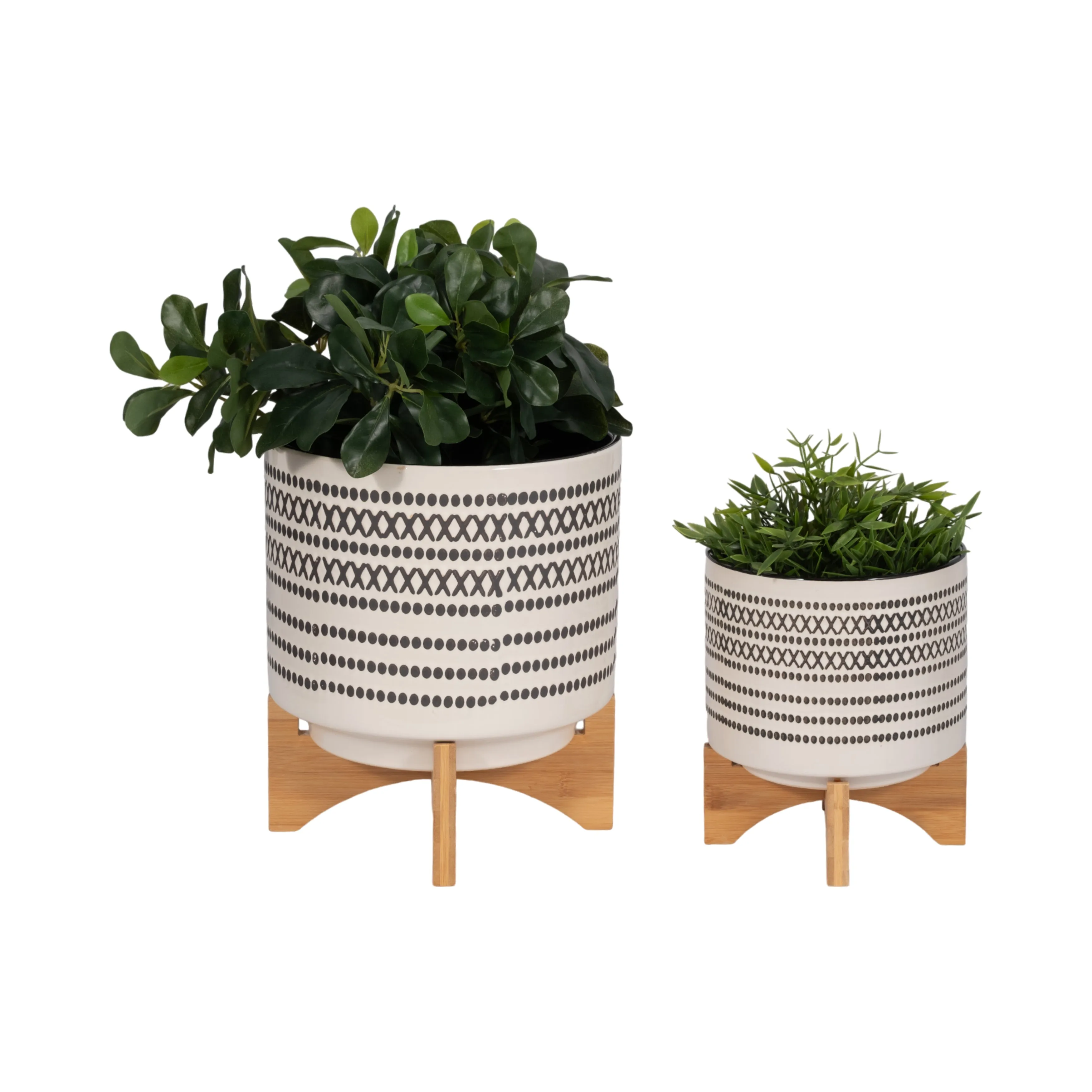 S/2 8/10" AZTEC PLANTER W/ WOOD STAND, GRAY