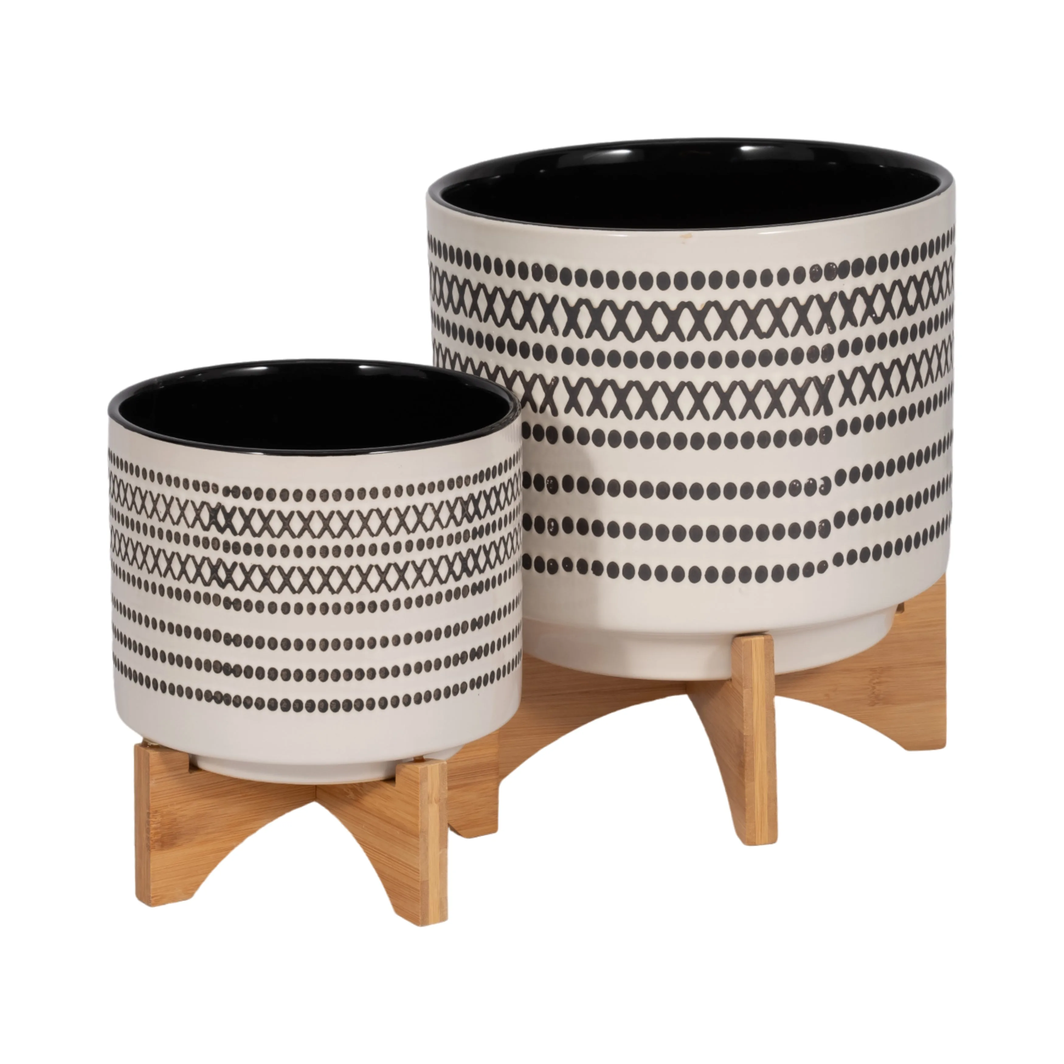 S/2 8/10" AZTEC PLANTER W/ WOOD STAND, GRAY