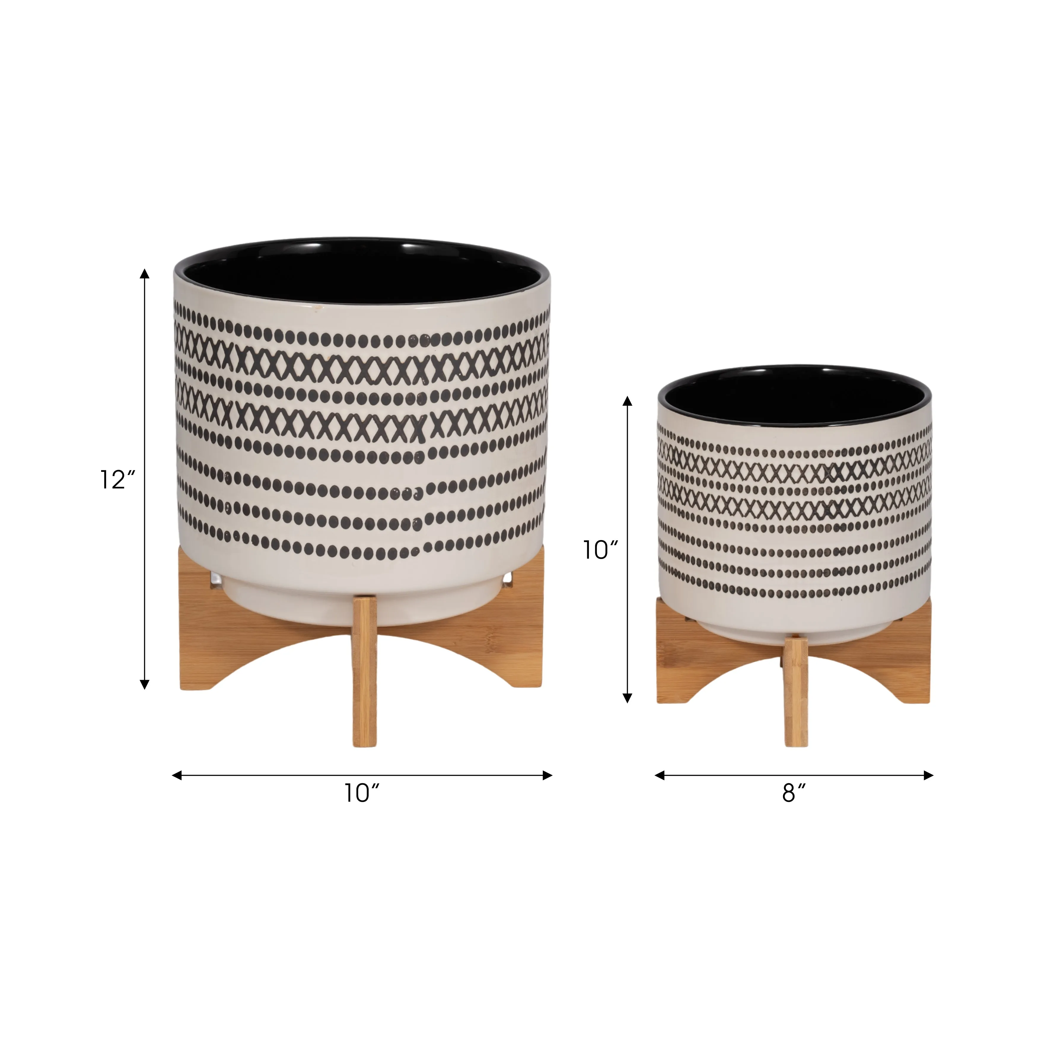 S/2 8/10" AZTEC PLANTER W/ WOOD STAND, GRAY