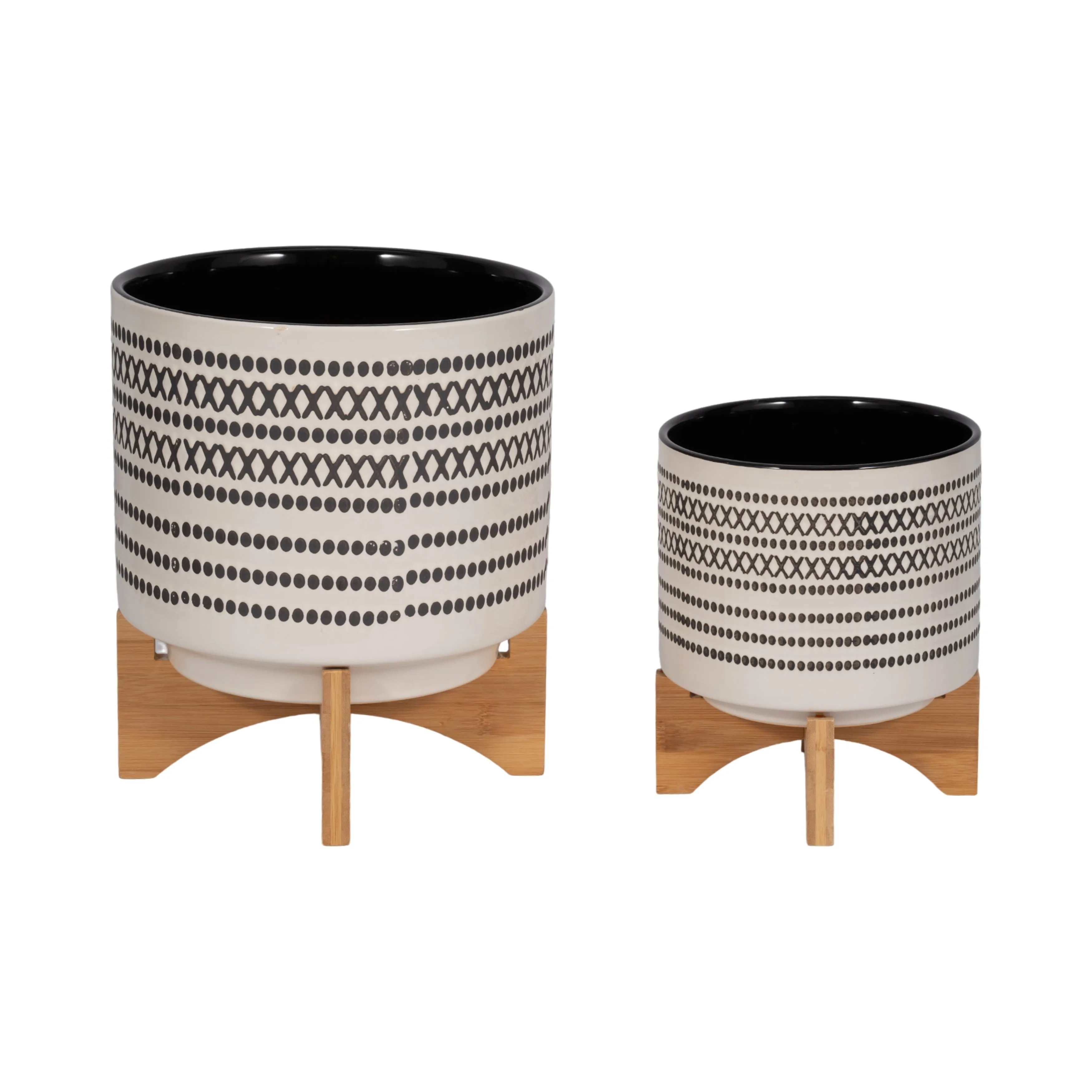 S/2 8/10" AZTEC PLANTER W/ WOOD STAND, GRAY