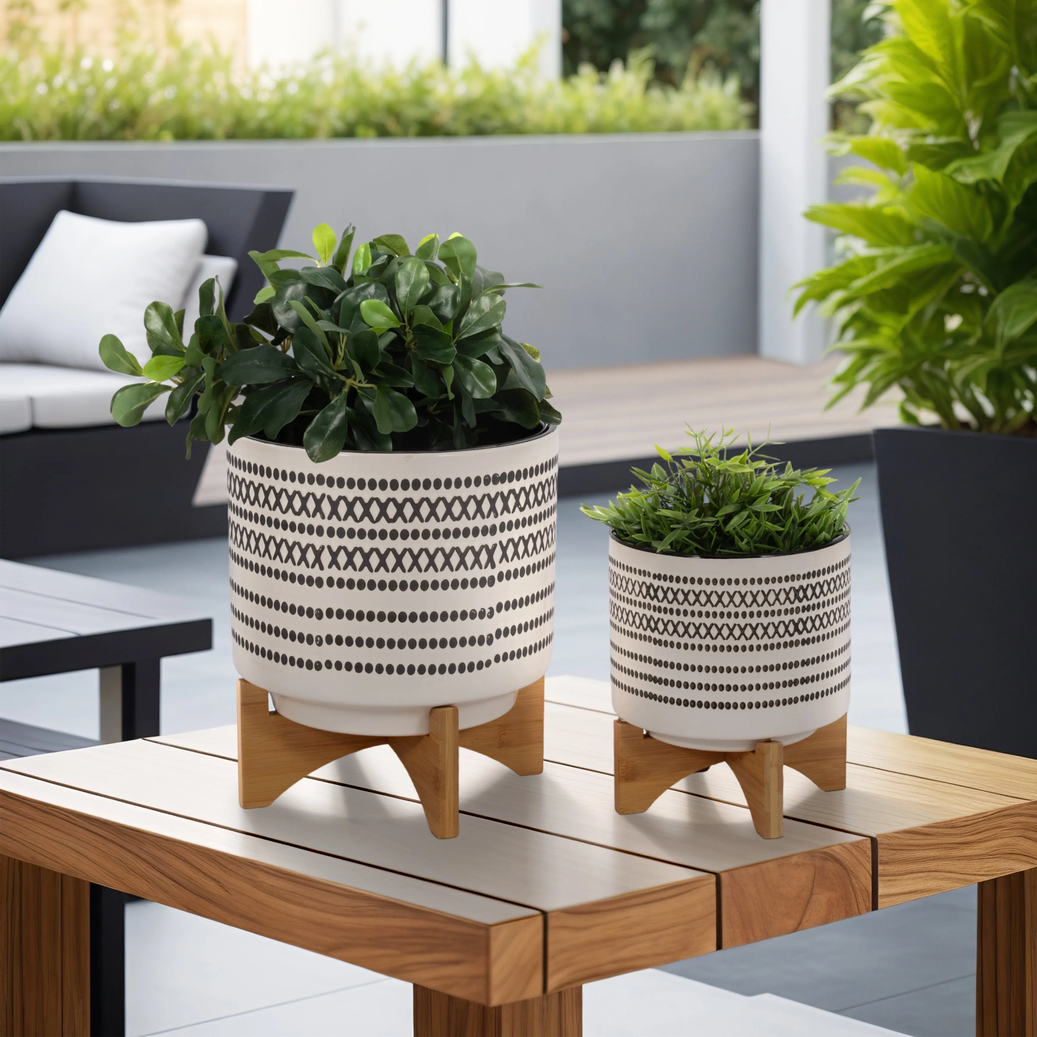 S/2 8/10" AZTEC PLANTER W/ WOOD STAND, GRAY