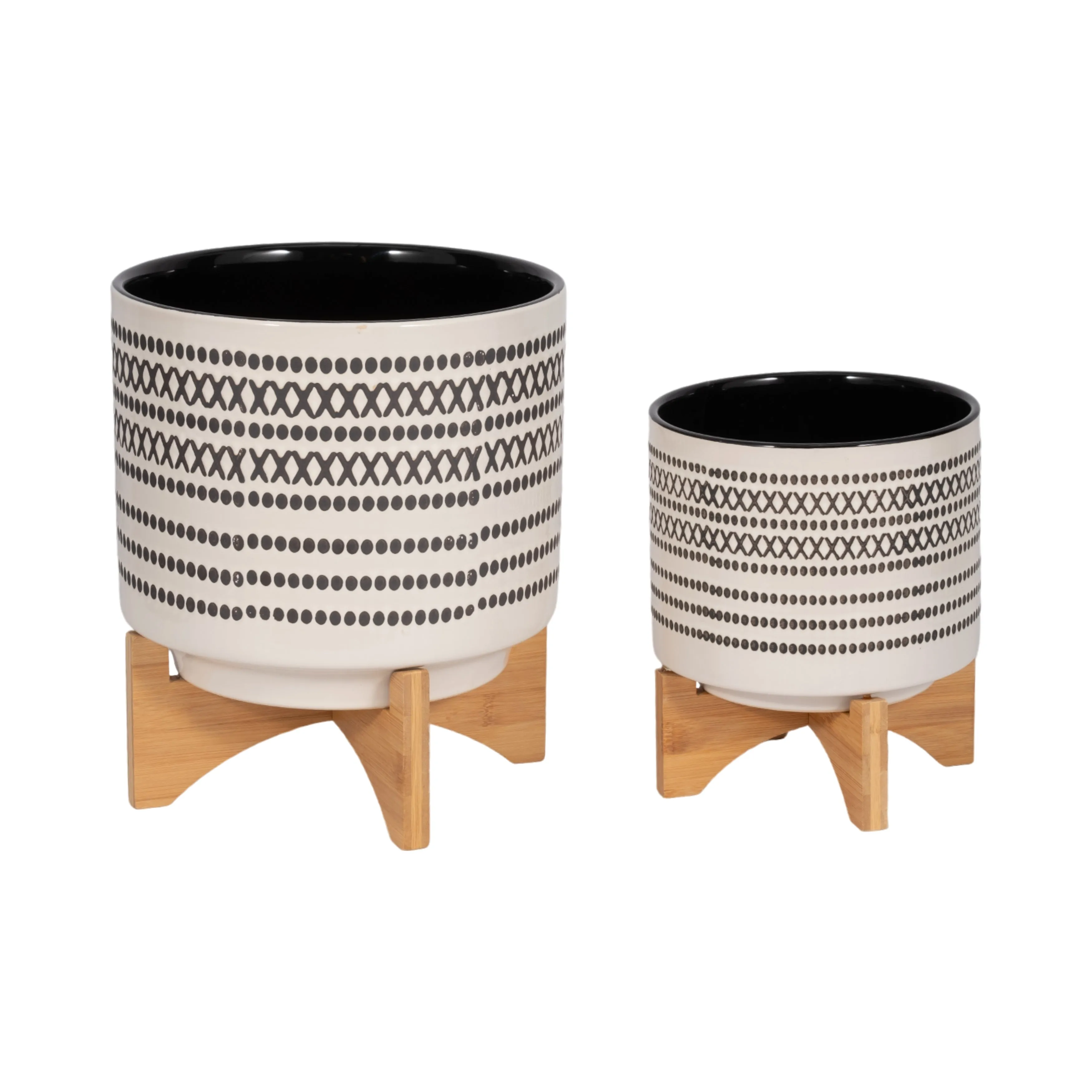 S/2 8/10" AZTEC PLANTER W/ WOOD STAND, GRAY