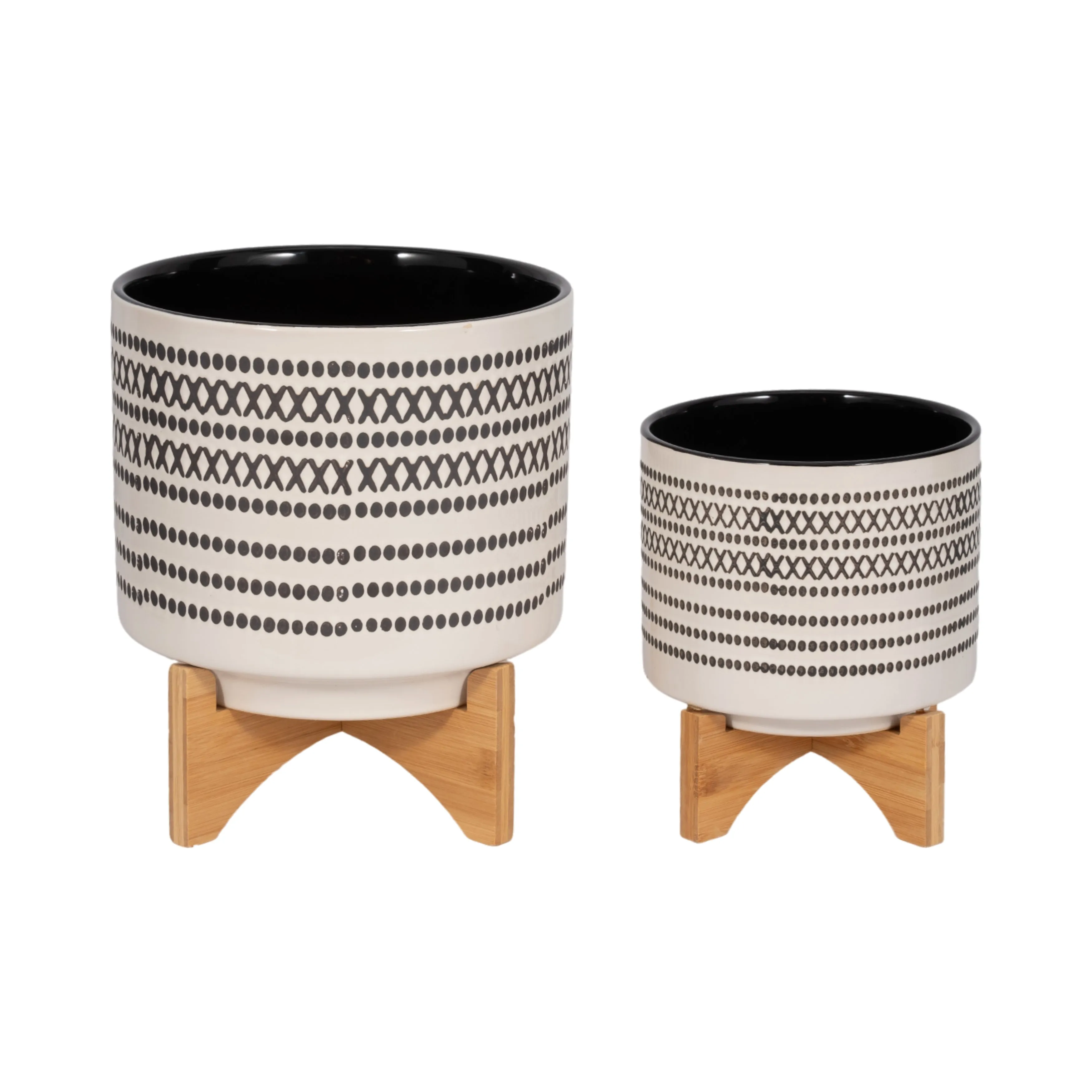 S/2 8/10" AZTEC PLANTER W/ WOOD STAND, GRAY