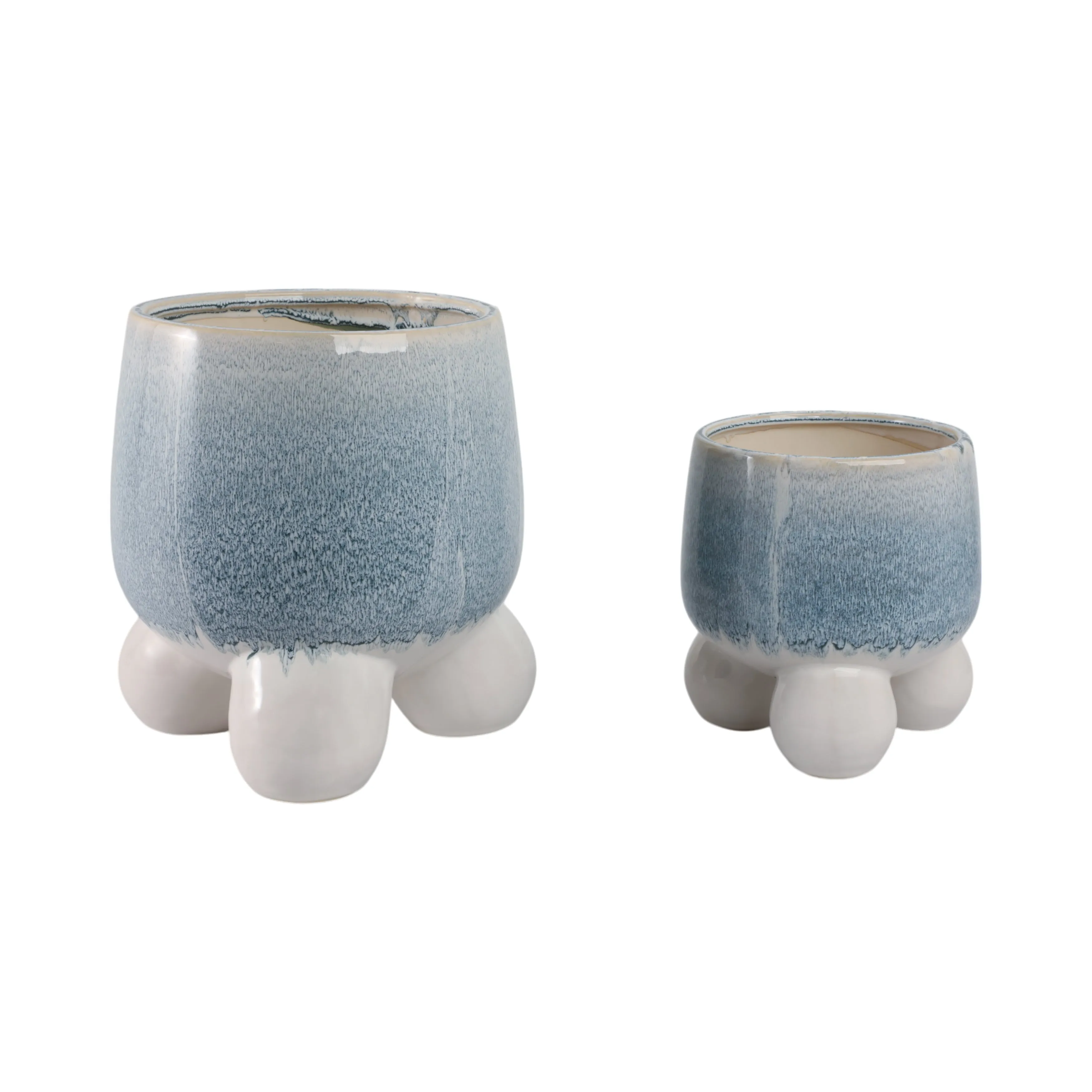 S/2 8/11" Knobby Footed Planters, Blue/white