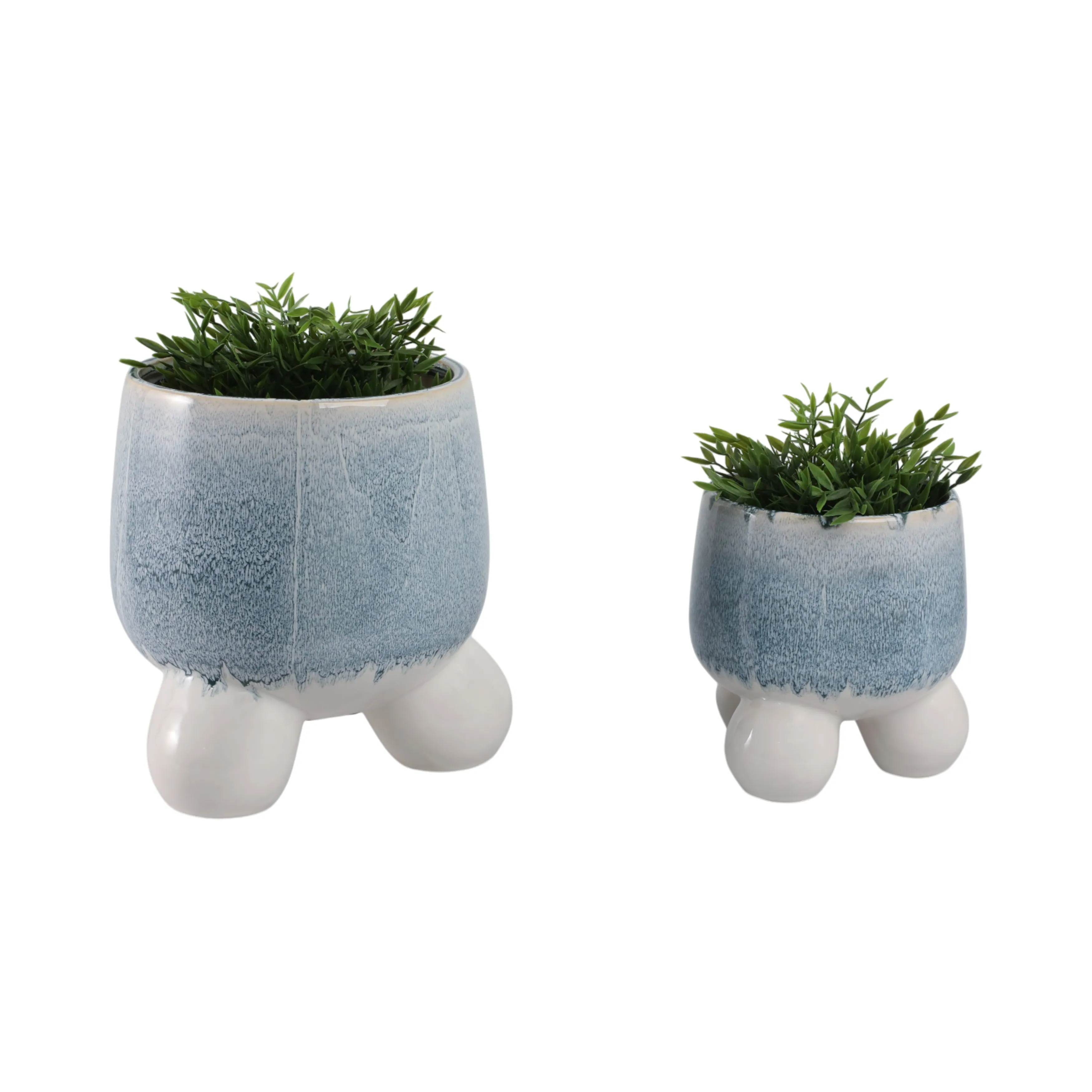 S/2 8/11" Knobby Footed Planters, Blue/white