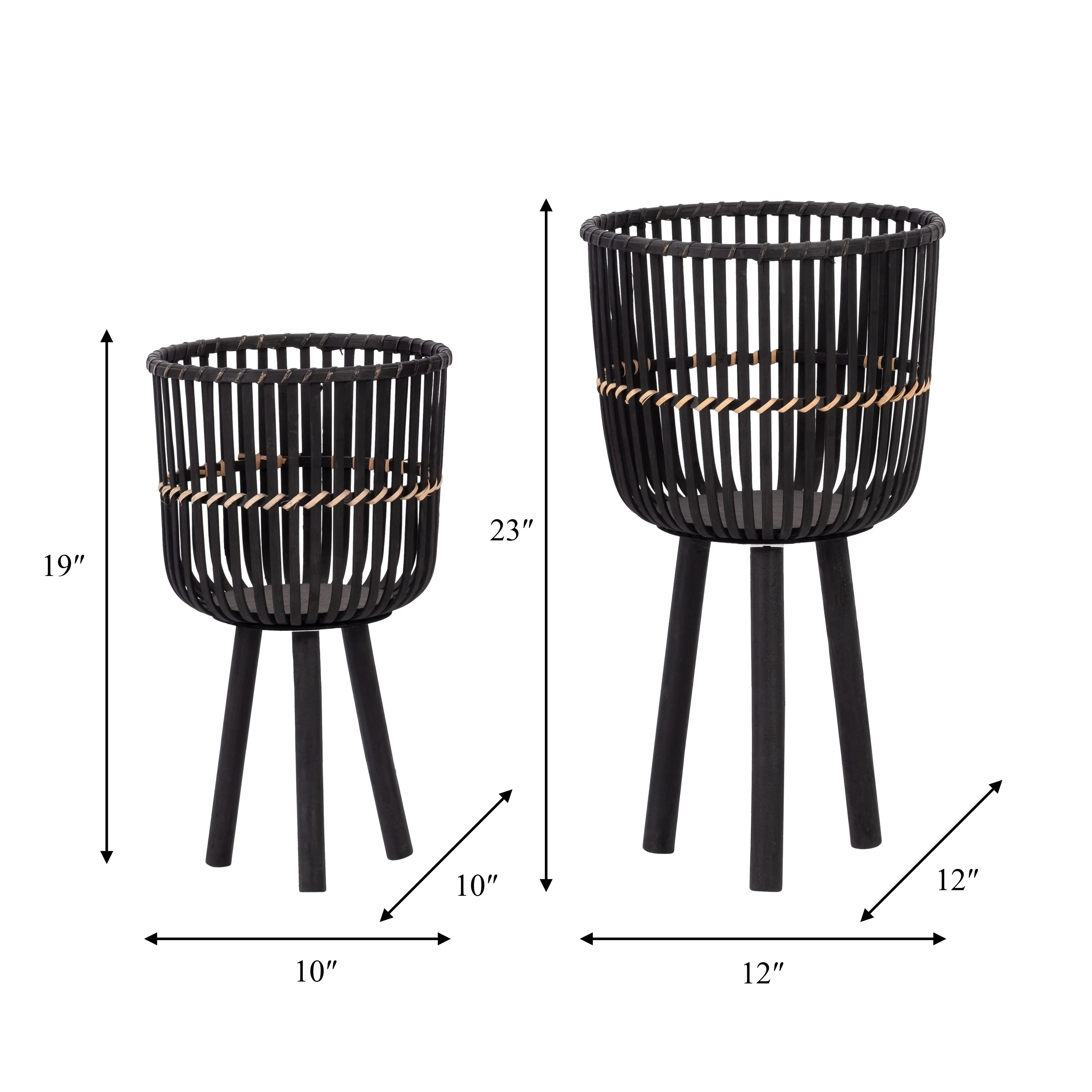 S/2 BAMBOO FOOTED PLANTERS 10/12", BLACK
