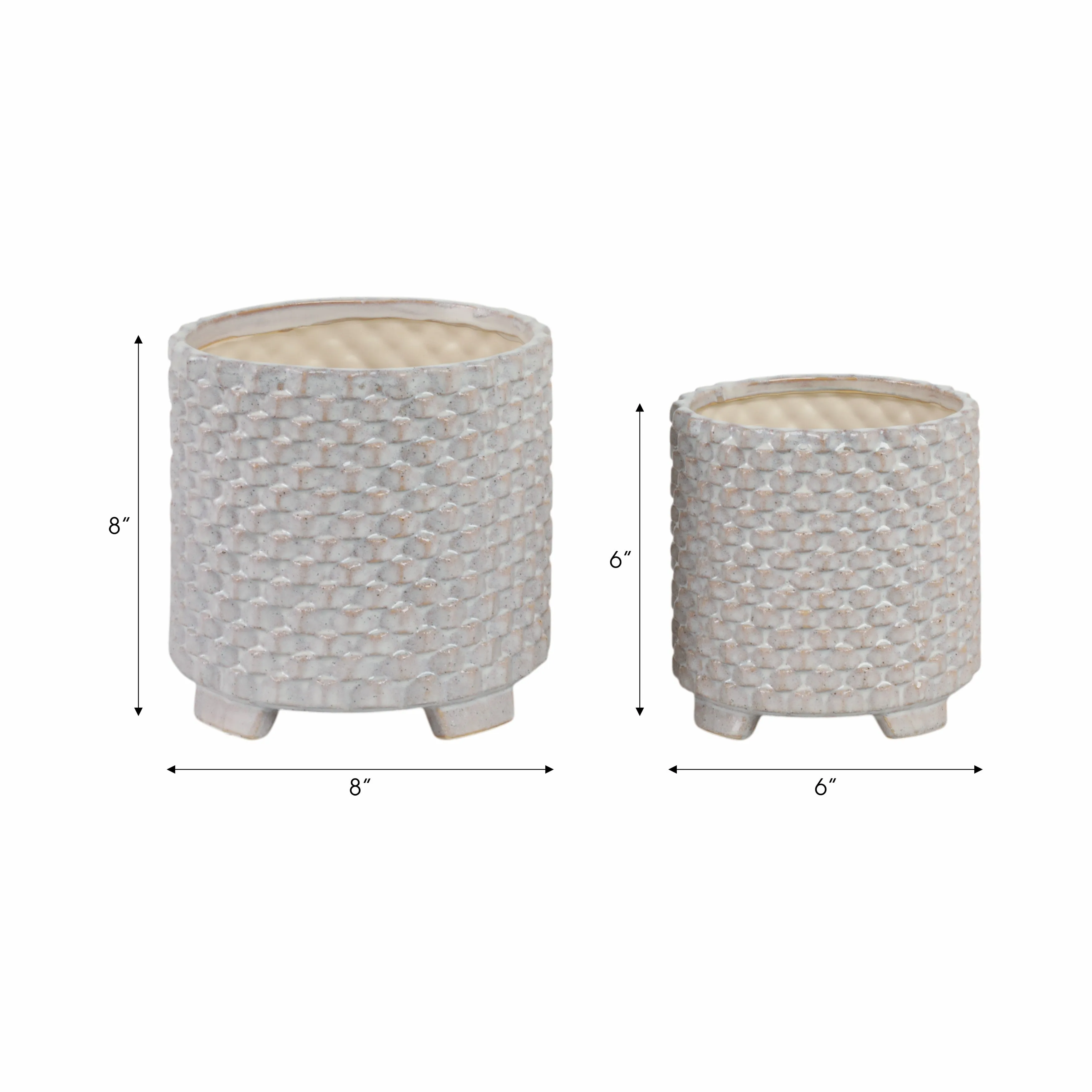 S/2 Ceramic 6/8" Textured Footed Planter, White