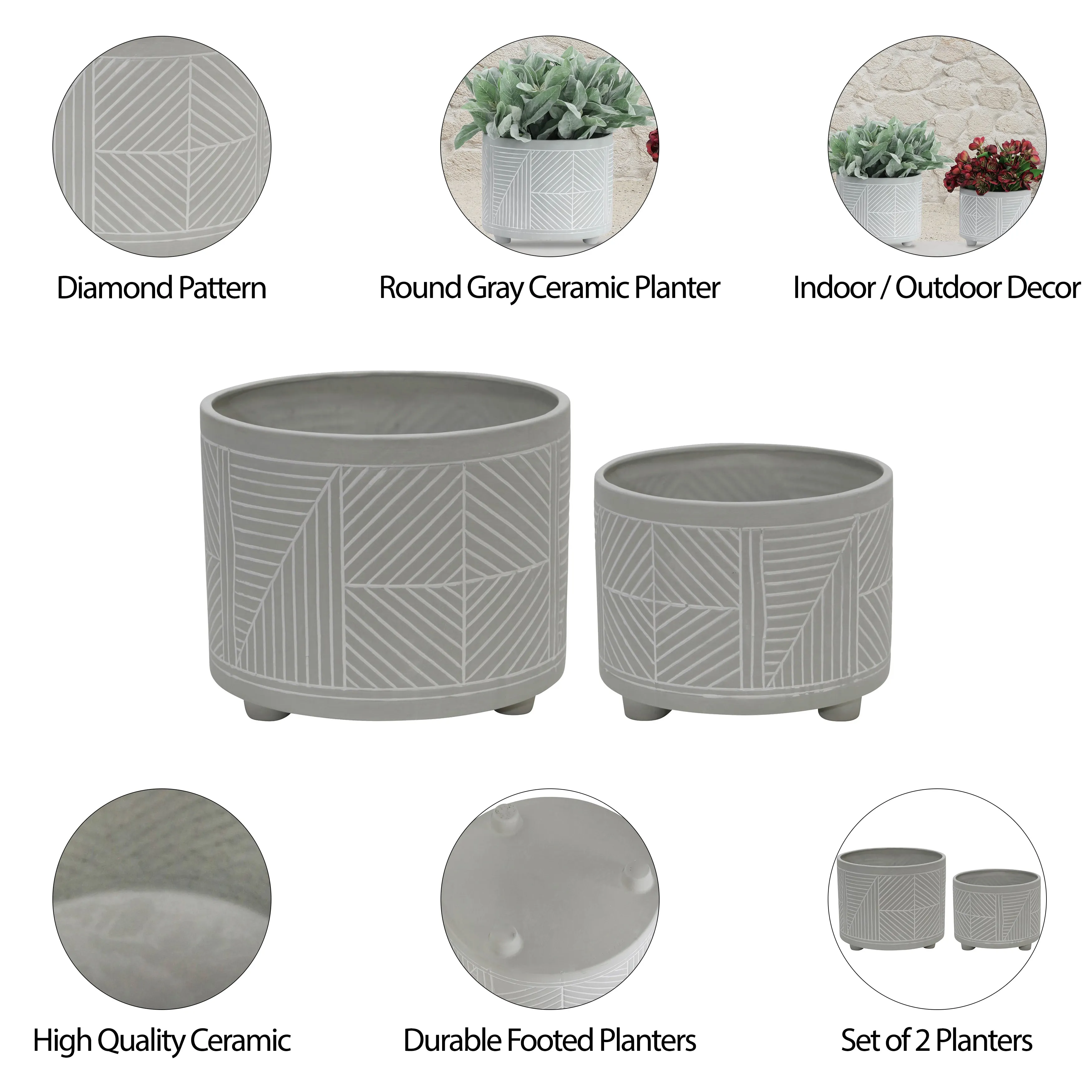 S/2 CERAMIC DIAMOND FOOTED PLANTER 10/12", GRAY