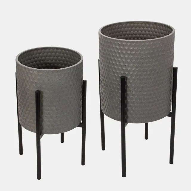S/2 HONEYCOMB PLANTER ON METALSTAND, GRAY/BLK