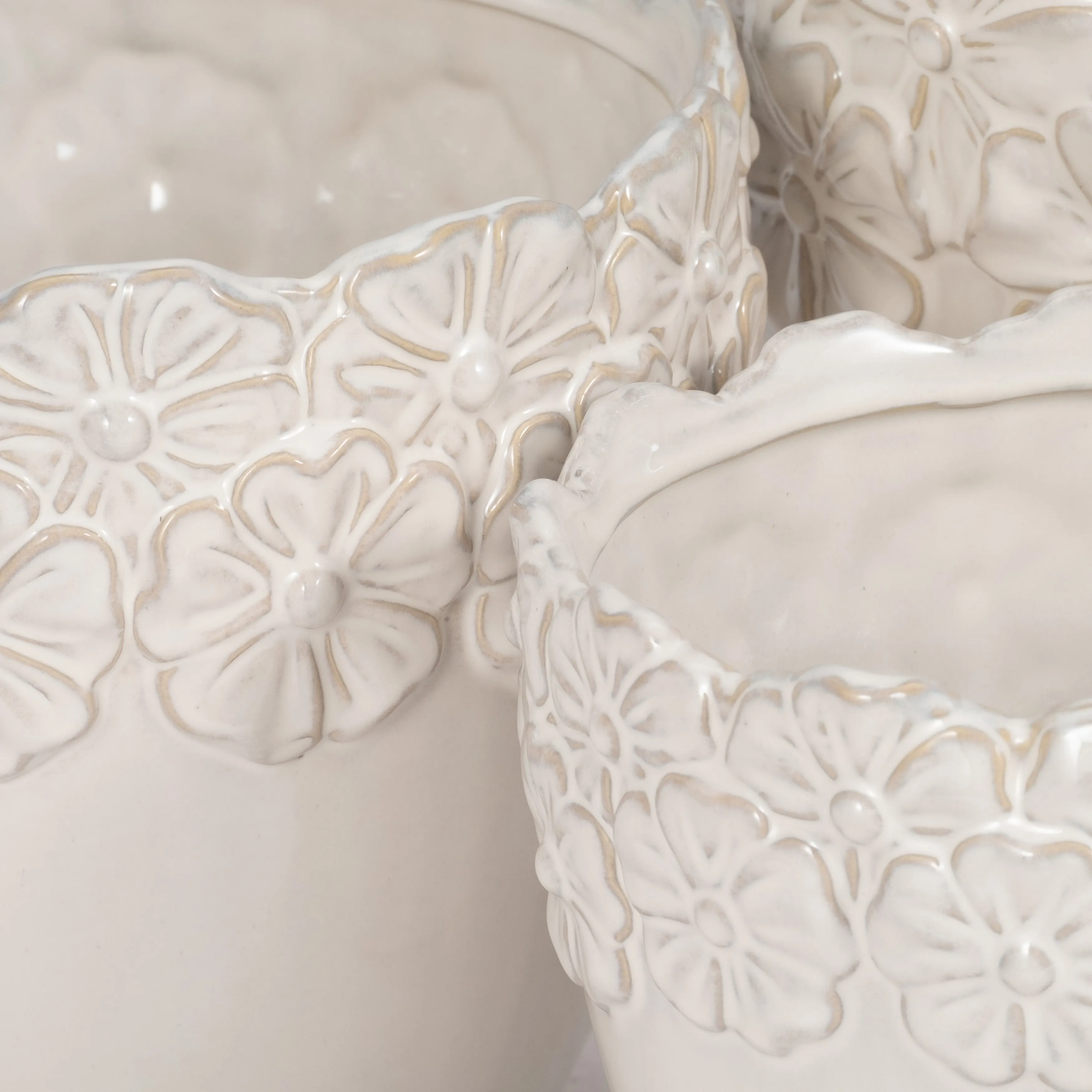 S/3 8/9/11" Floral Crown Planter, Ivory